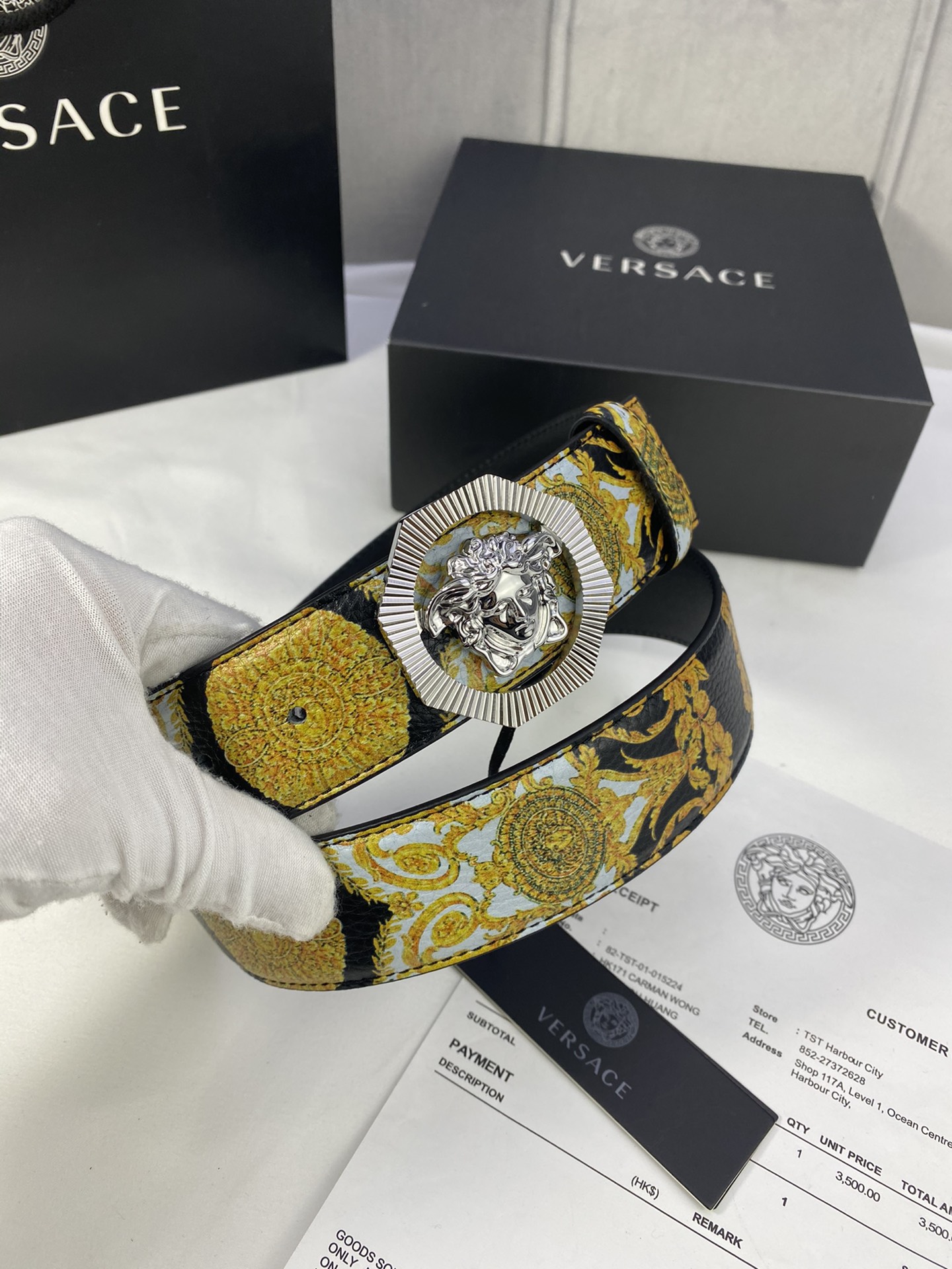 宽度4.0cm VERSACE（范思哲）此款Palazzo腰带采用牛皮革面料制作