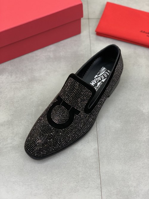 Salvatore Ferragamo Men's Black Leather Slip-On Loafers with Rhinestone Detailing 1 Salvatore Ferragamo Men's Black Leather Slip-On Loafers with Rhinestone Detailing