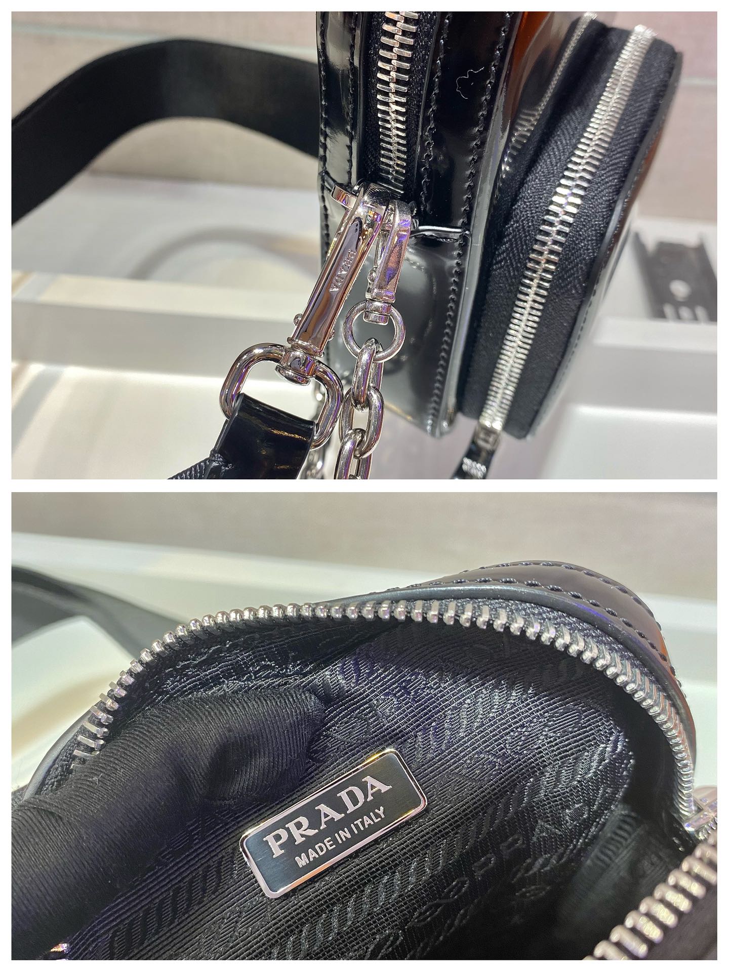 PRADA普拉达亮面皮革男女通用迷你手袋1BH183