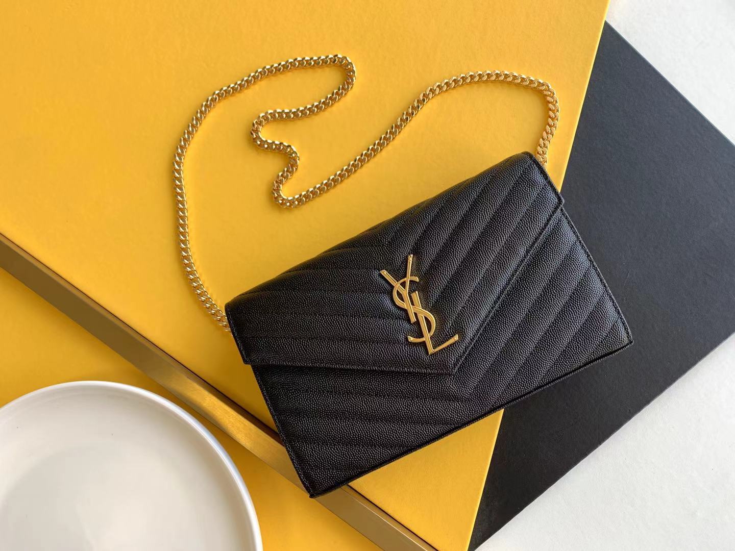 Caviar pattern cowhide chain flap envelope bag card slot zipper inner pocket