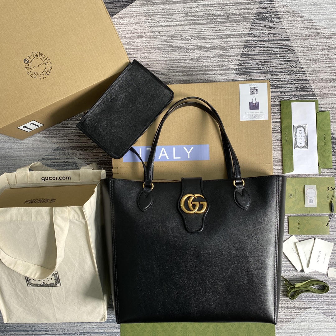 GUCCI 双G 托特包 皮革肩带 磁力按扣 附小包