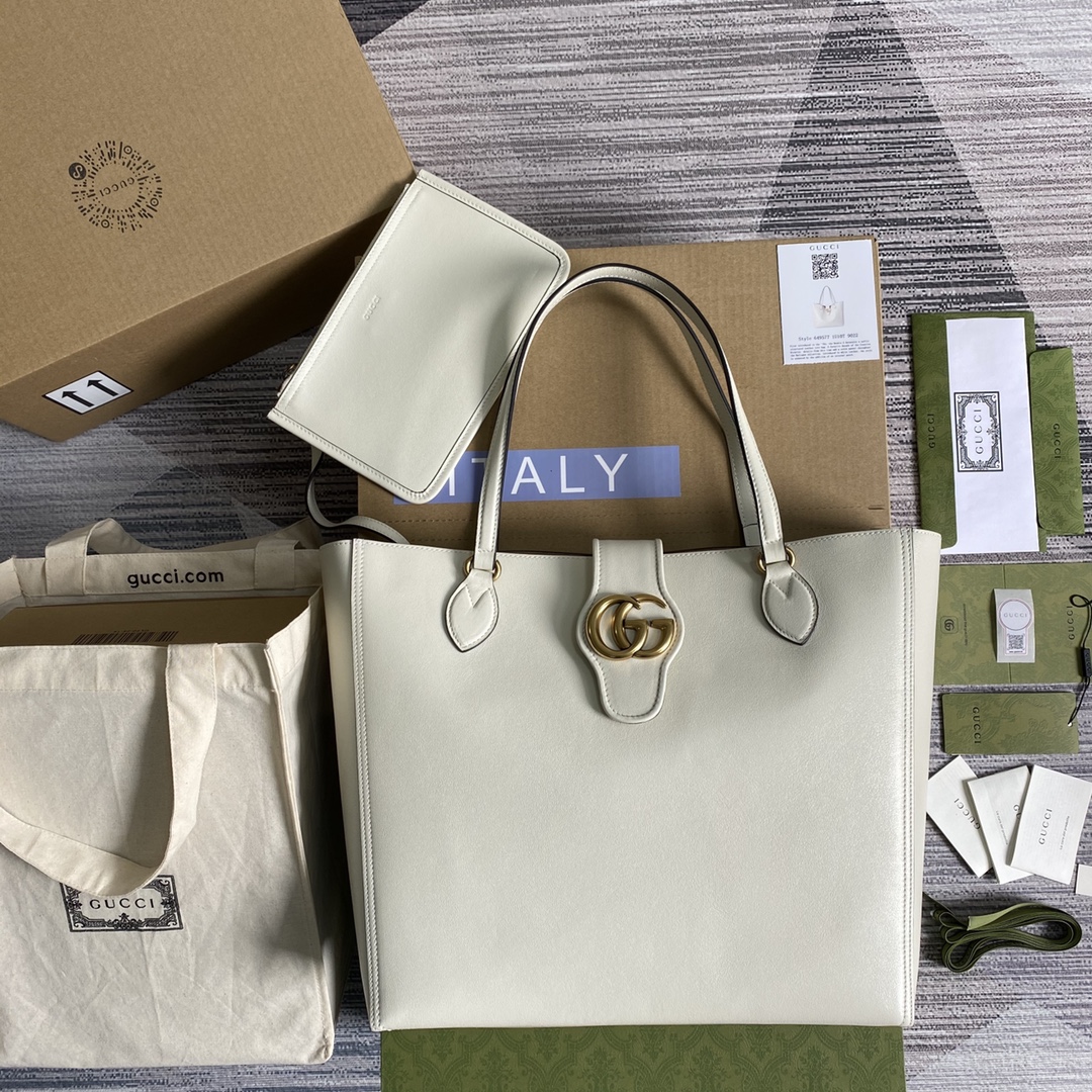 GUCCI 双G 托特包 皮革肩带 磁力按扣 附小包