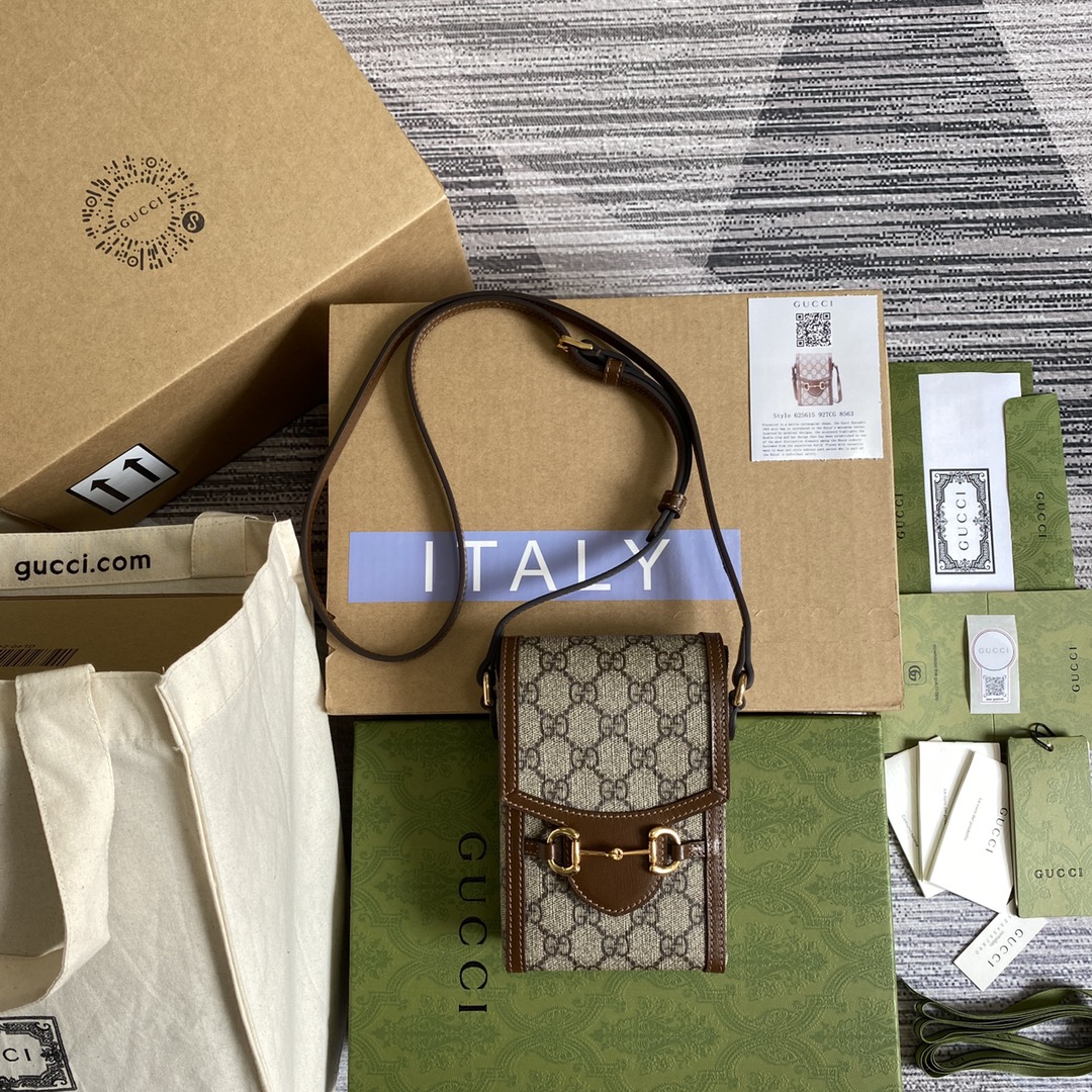 GUCCI 1955 馬銜扣 老花 手機包 肩帶可調