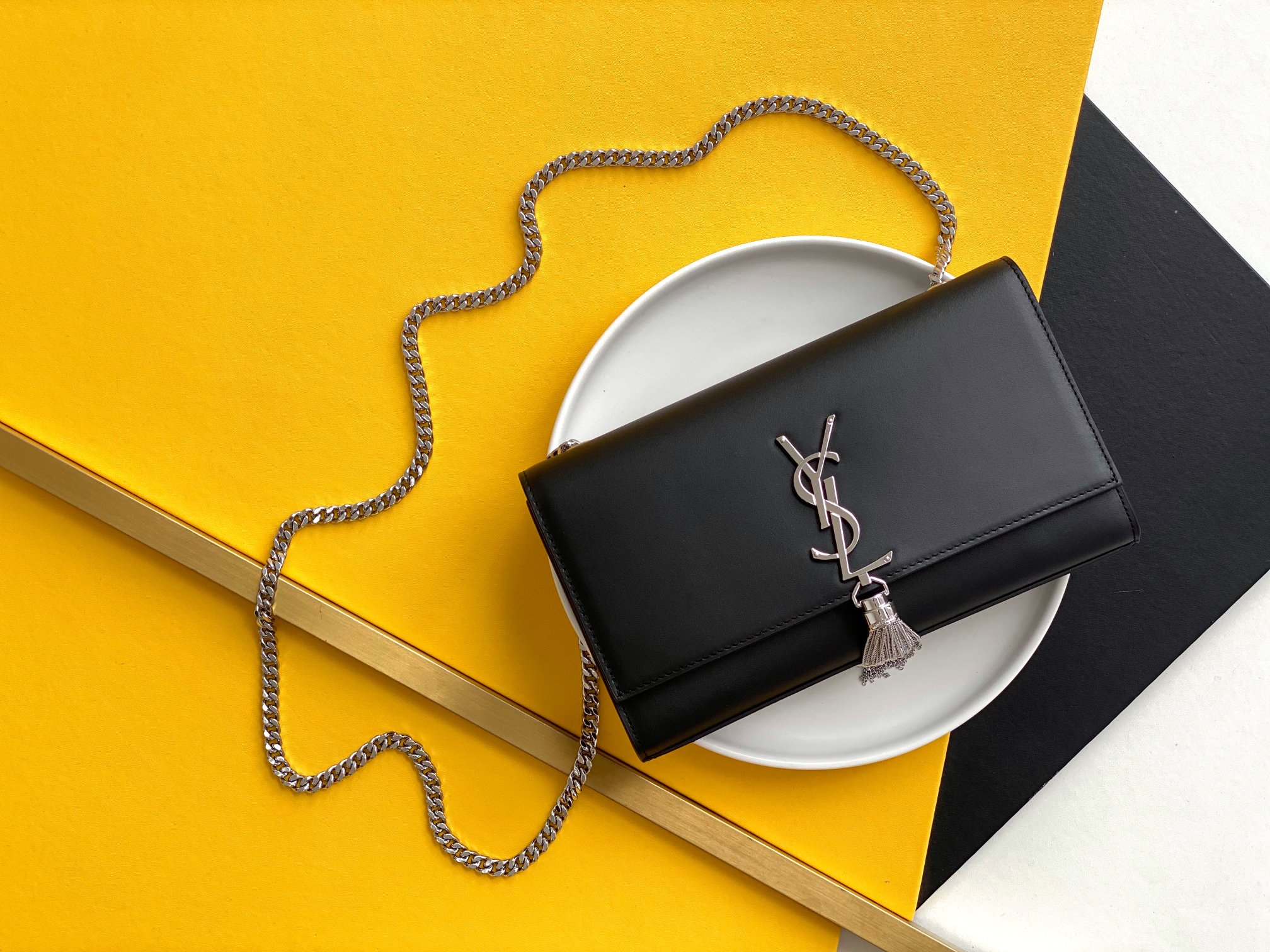 YSL Kate Grain de Poudre Silver Metal Tassel Chain Bag