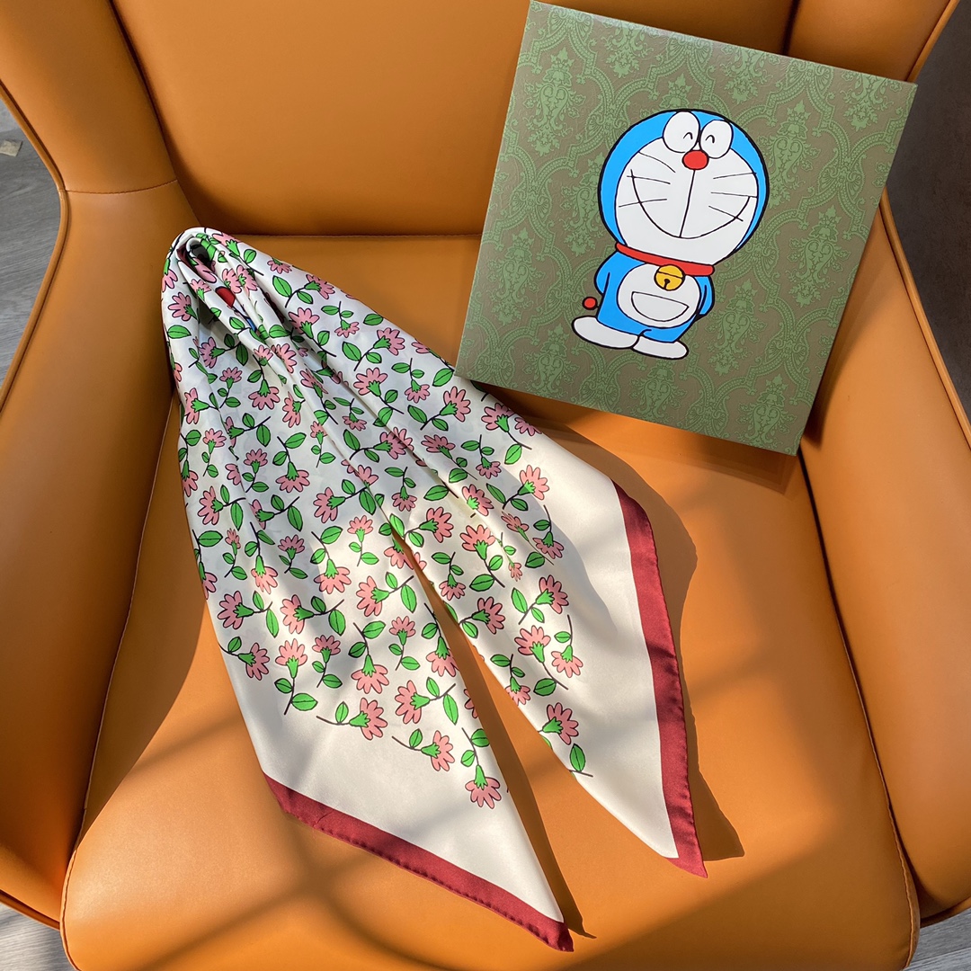 Gucci x Doraemon Silk Scarf - Floral Design, 90x90cm, Spring/Summer Accessory 3 i1618200764 3083 1
