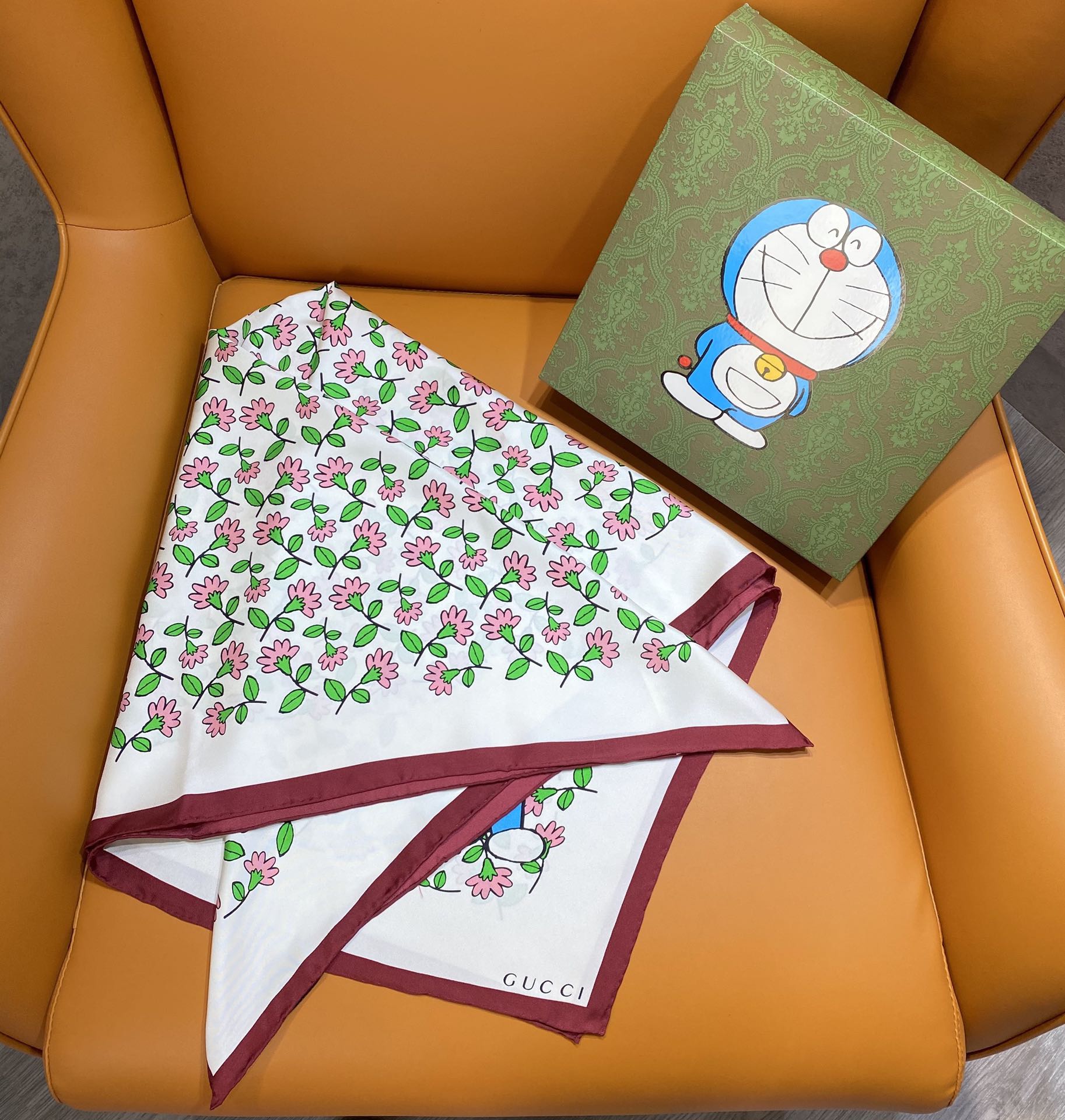 Gucci x Doraemon Silk Scarf - Floral Design, 90x90cm, Spring/Summer Accessory 2 i1618200764 6450 0