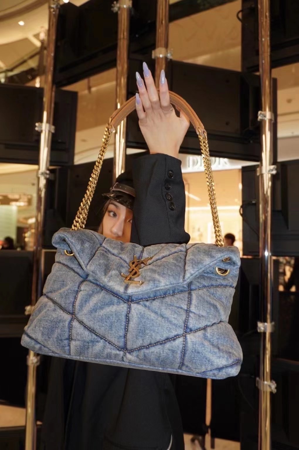 YSL LOULOU PUFFER 29CM 牛仔布纹小号绗缝包 577476