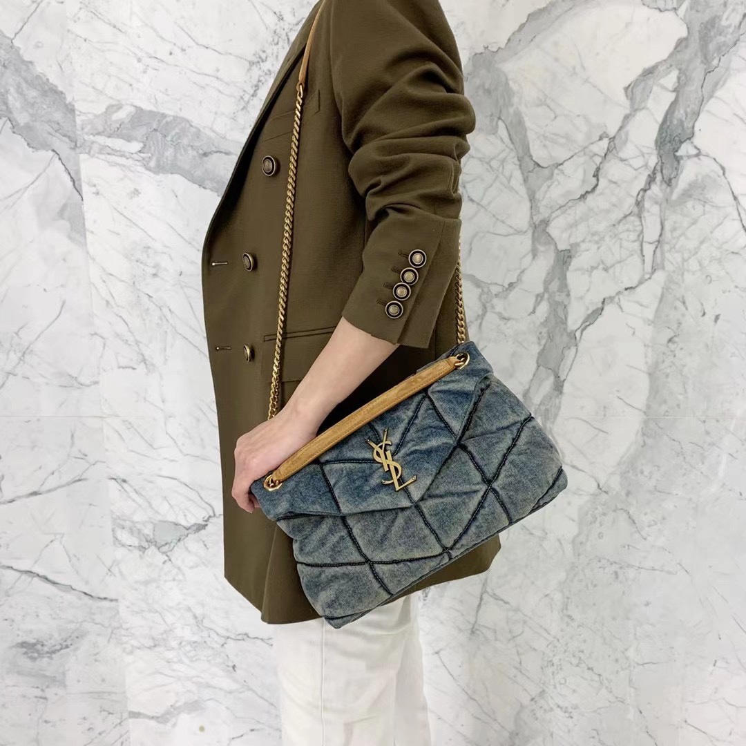 YSL LOULOU PUFFER 29CM 牛仔布纹小号绗缝包 577476
