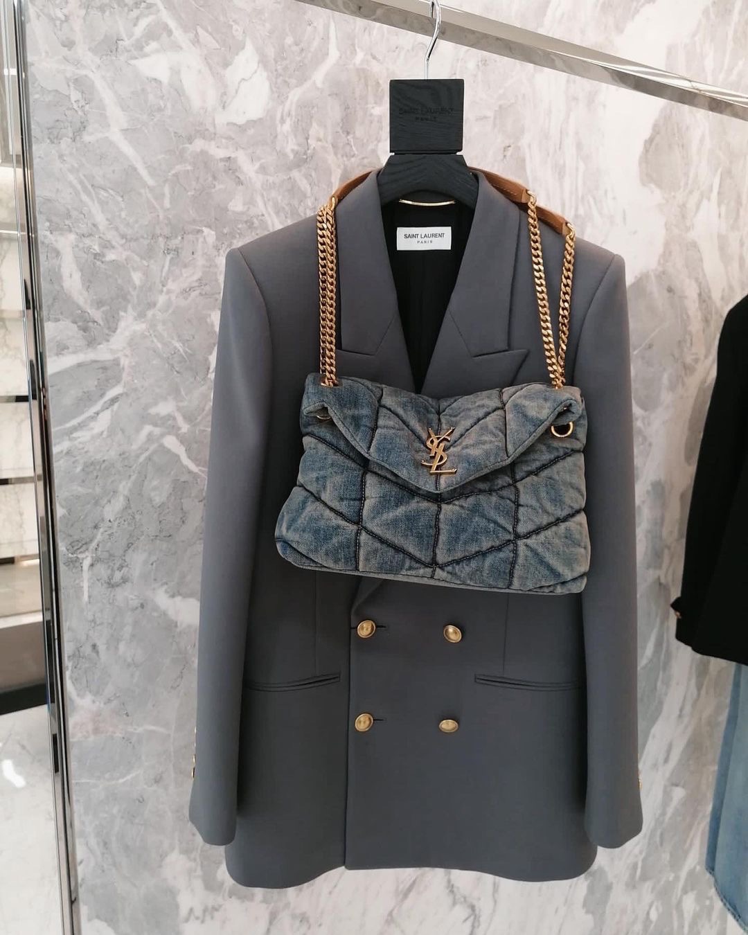 YSL LOULOU PUFFER 29CM 牛仔布纹小号绗缝包 577476