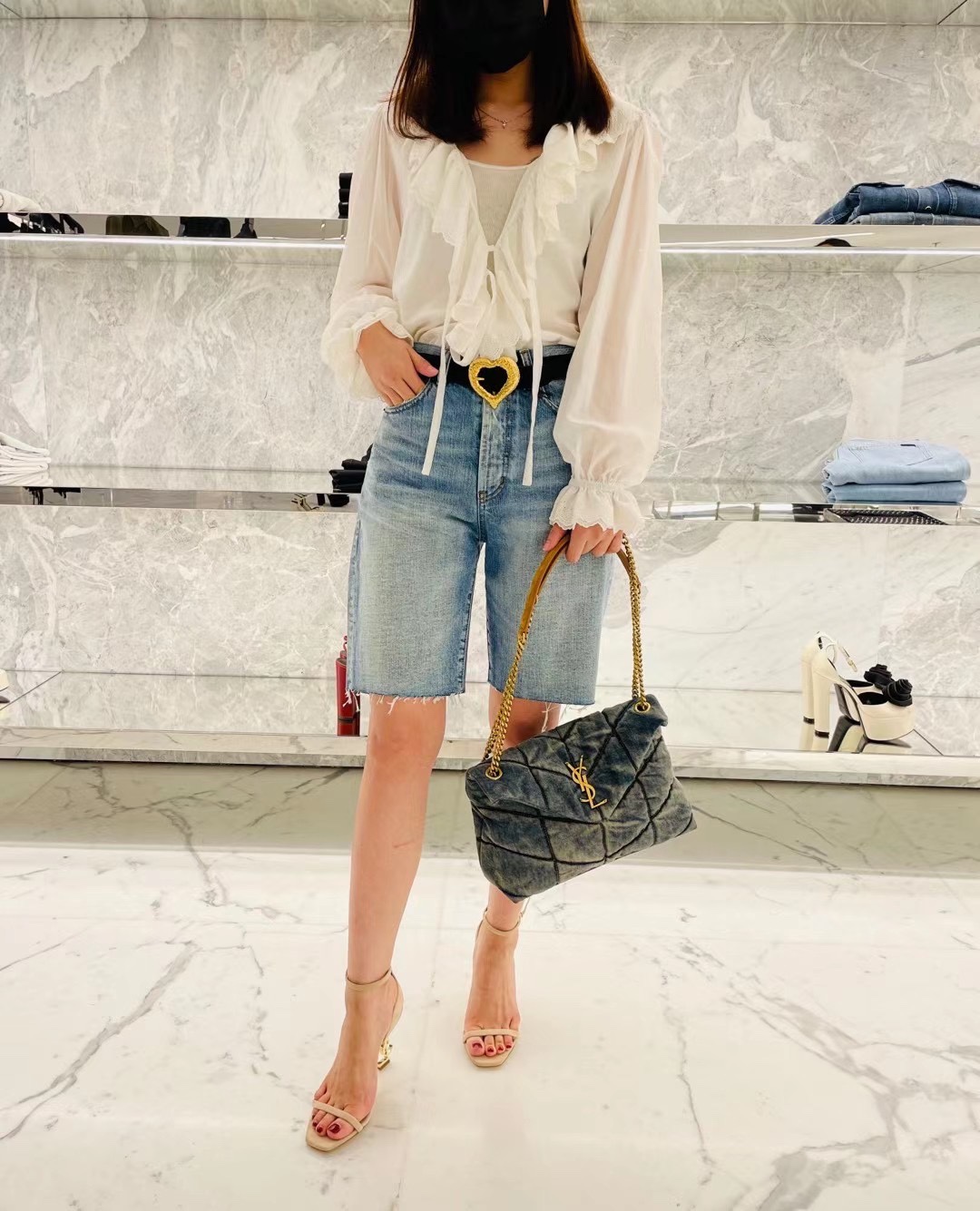 YSL LOULOU PUFFER 29CM 牛仔布纹小号绗缝包 577476