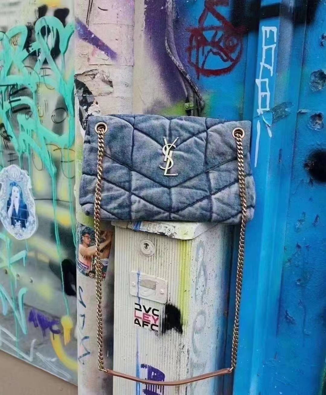 YSL LOULOU PUFFER 29CM 牛仔布纹小号绗缝包 577476