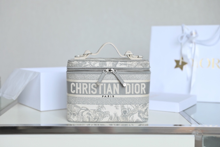 Dior Handbags Cosmetic Bags Grey Embroidery Vanity