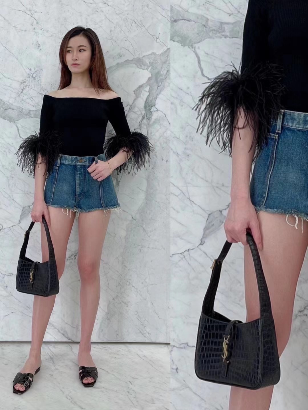 Saint laurent Ysl LE 5 À 7 鳄鱼纹腋下包 657228黑色