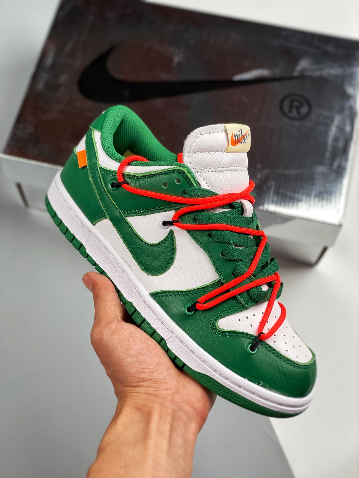 Off-White x SB Dunk OW collaboration, green colorway, big factory pure original first release real photos, laces, woven…