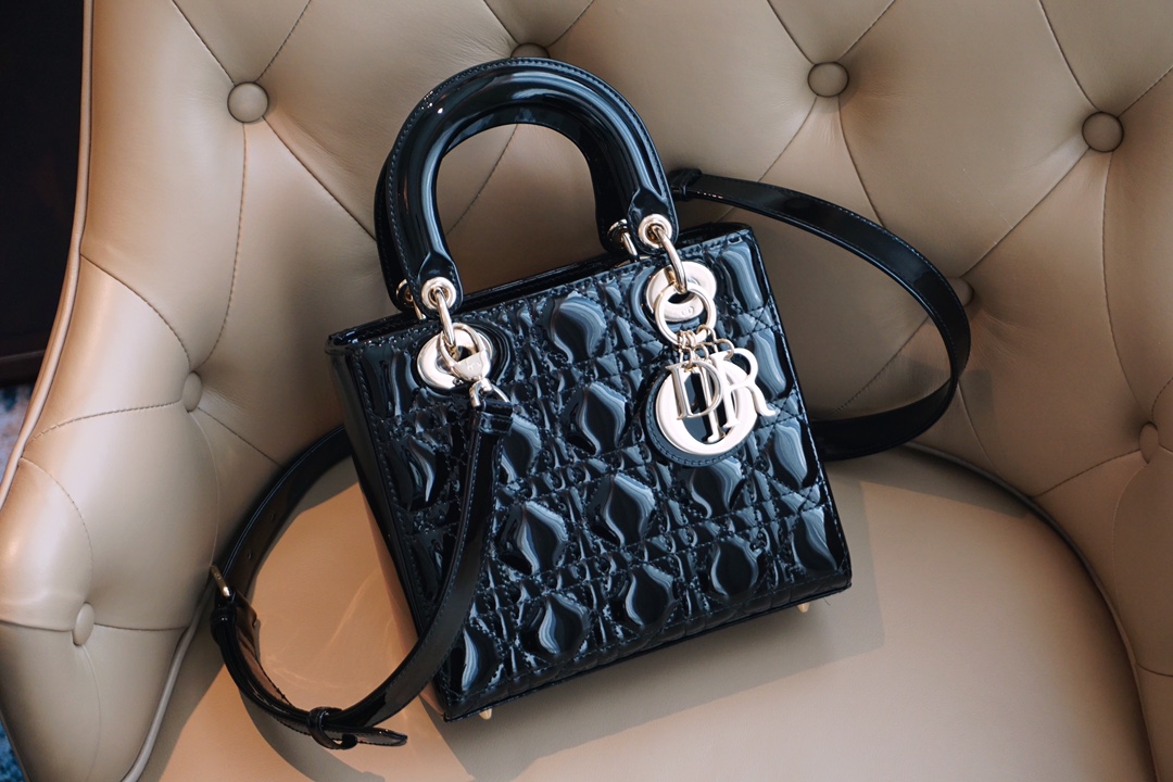 Dior Lady Handbags Crossbody & Shoulder Bags Black Gold Hardware Patent Leather