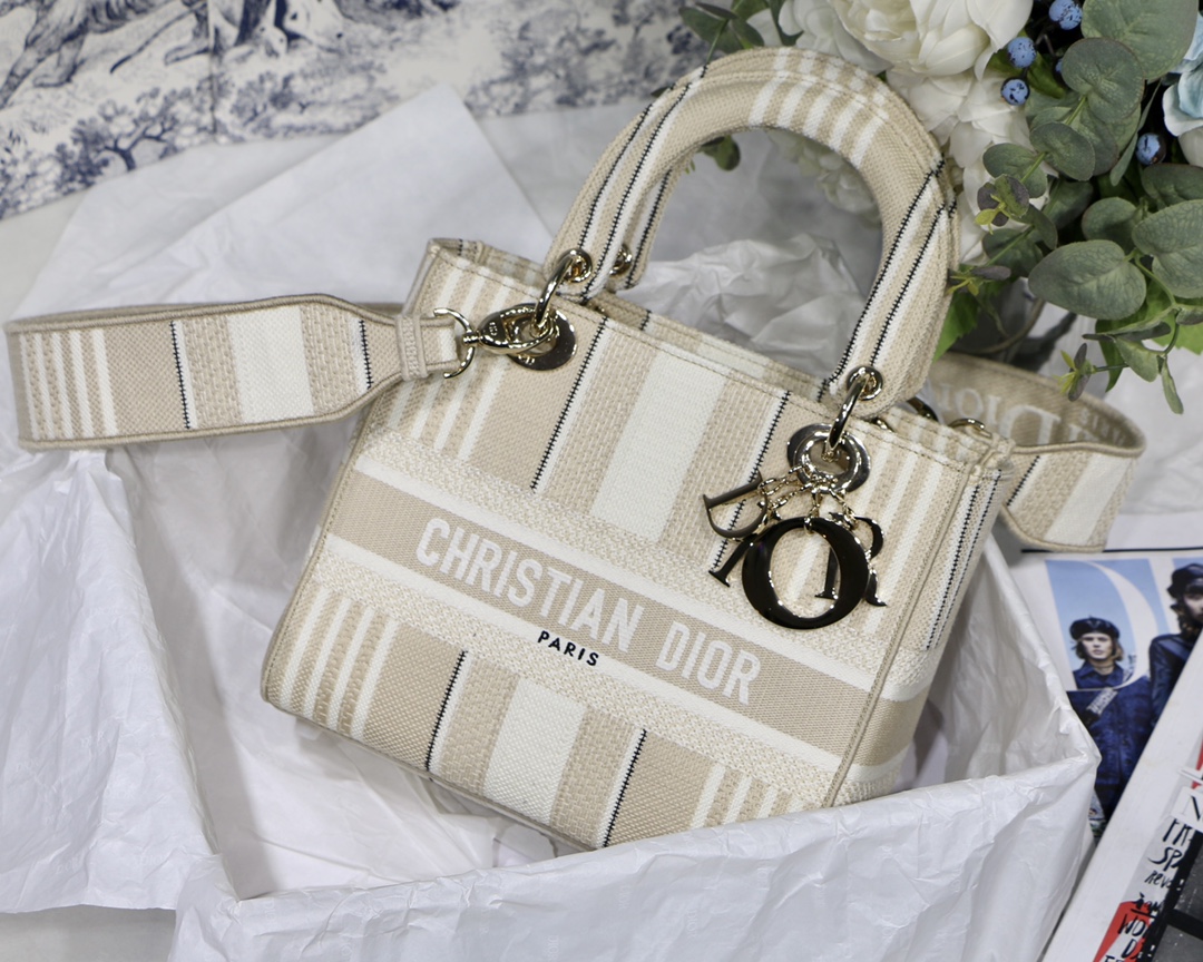 DIOR Lady D Embroidered Striped Fabric Handbag