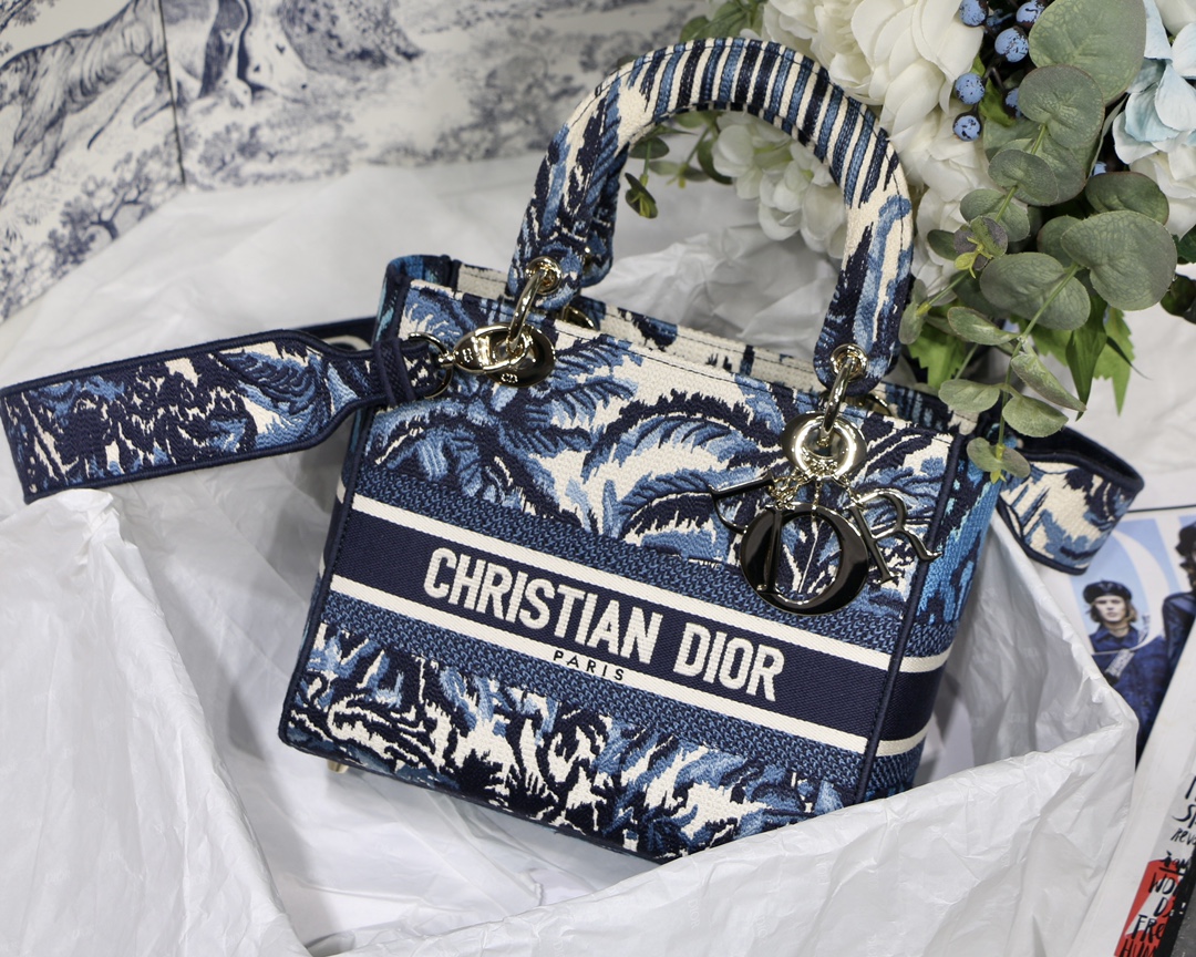 Dior Lady D Embroidered Fabric Wide Shoulder Strap Handbag