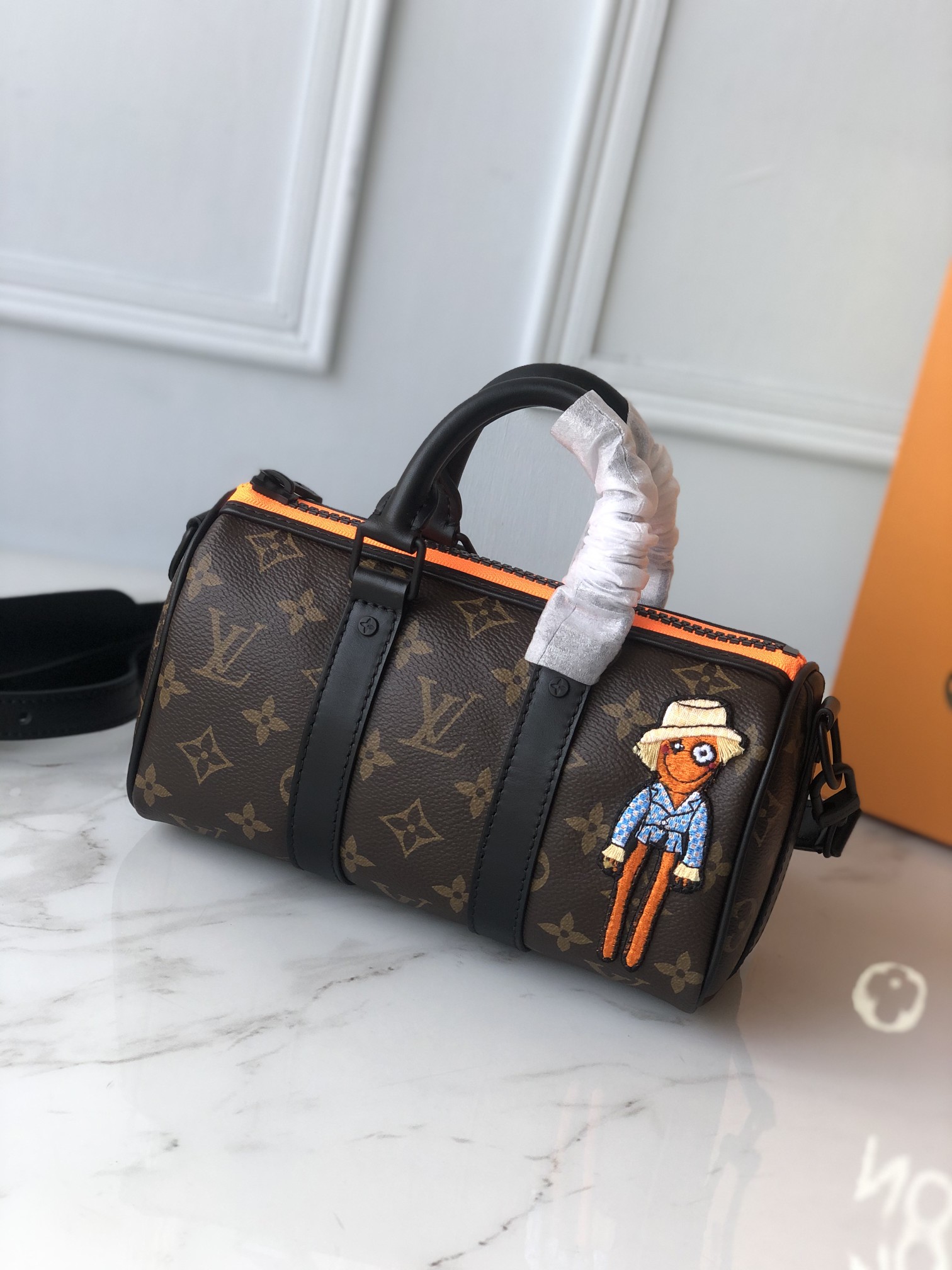 Louis Vuitton LV Keepall Handbags Travel Bags Black Orange Embroidery Men Monogram Canvas