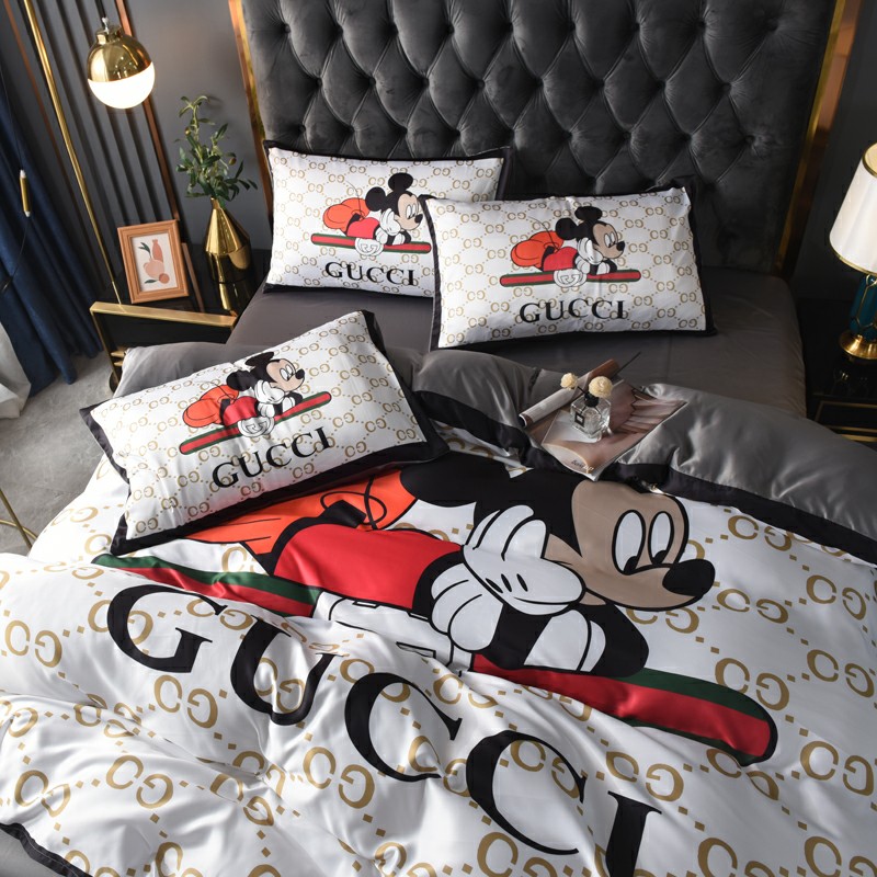 Luxury Gucci Mickey Mouse Washed Silk Bedding Set, Soft and Breathable