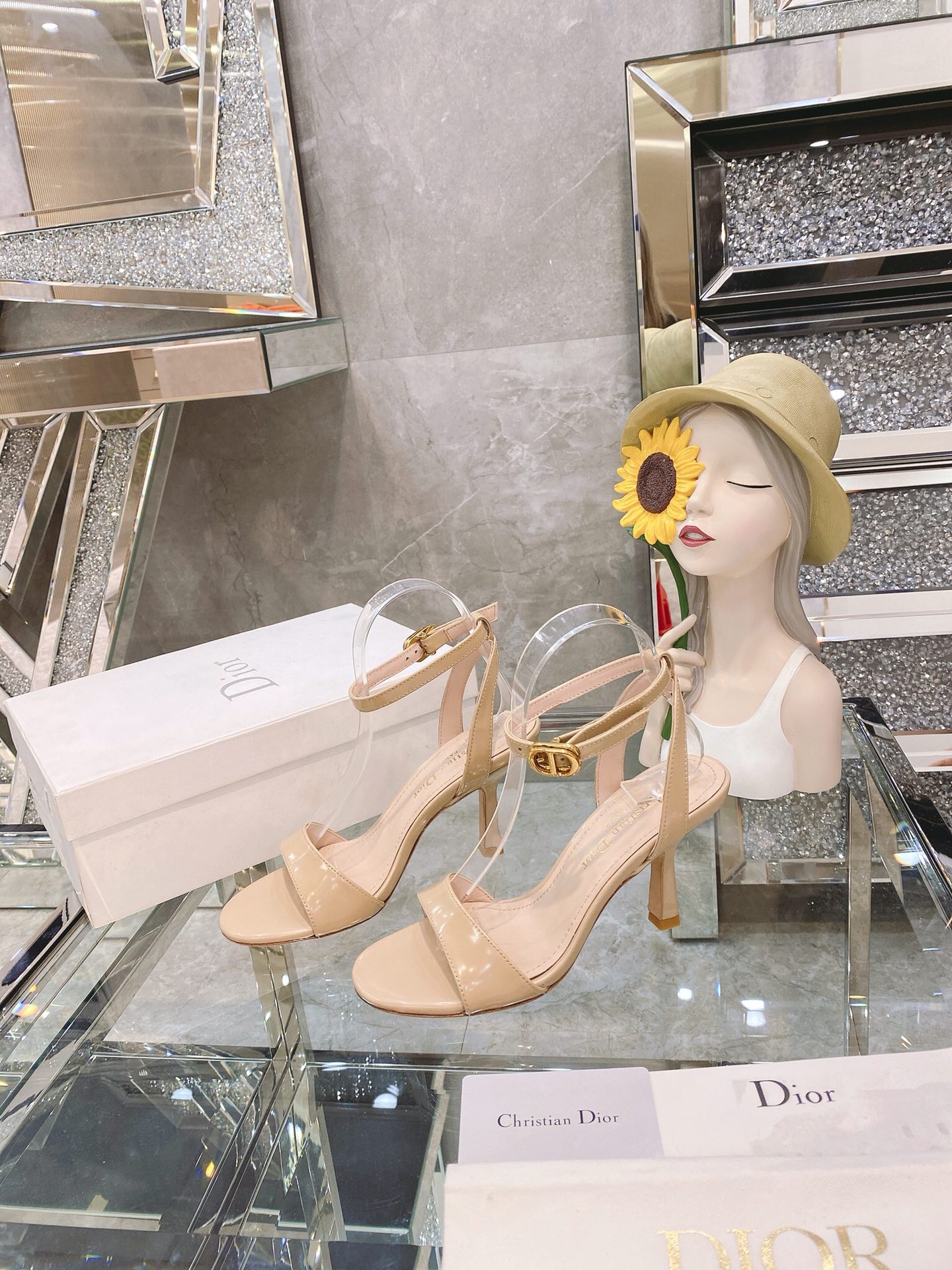 Dior Dway 2024 Spring/Summer New High Heel Embroidered Color-Block Sandals CD Letter Logo Peep Toe Celebrity Same Style