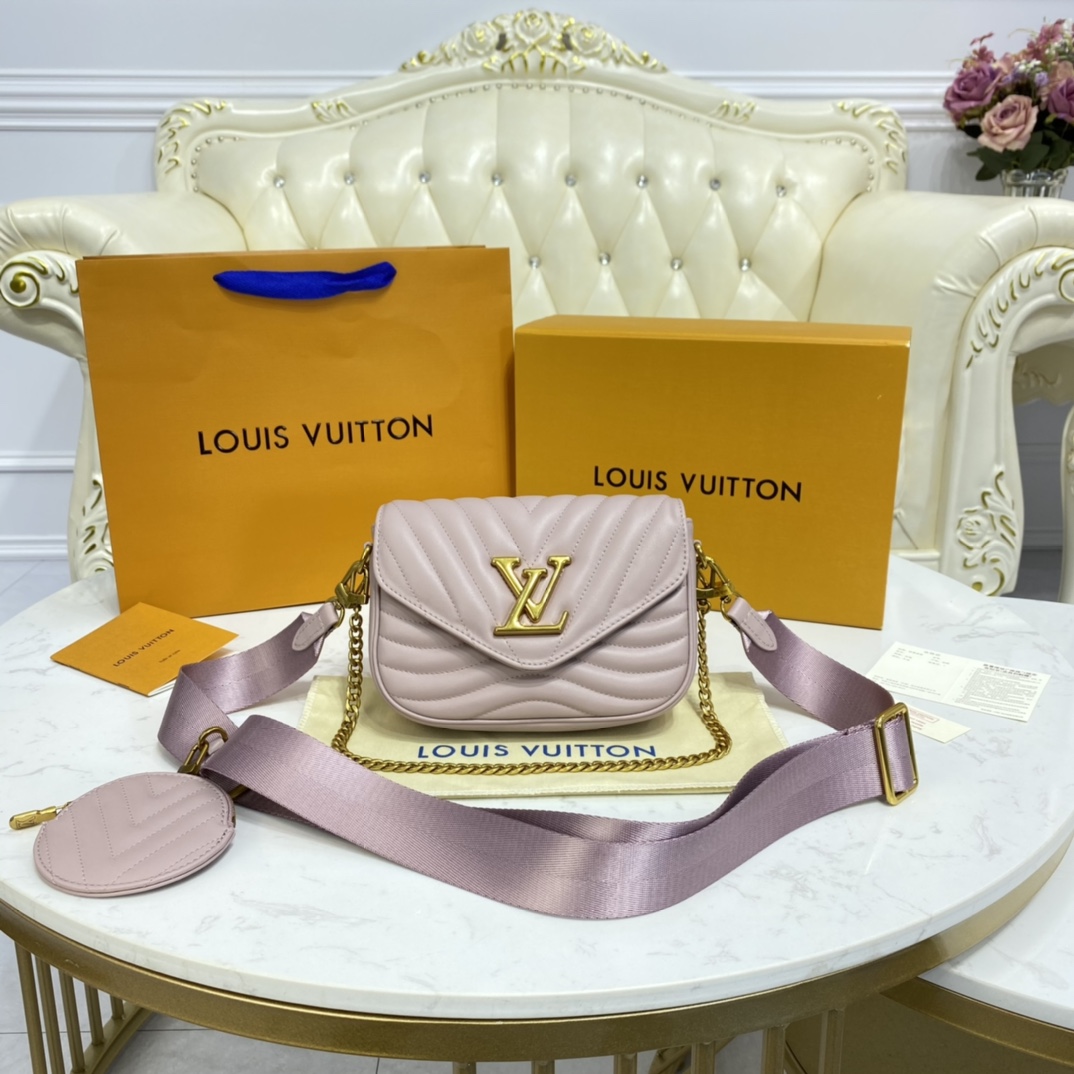 Louis Vuitton LV New Wave Bags Handbags Gold Orange Red Calfskin Cowhide Pochette Chains M56466