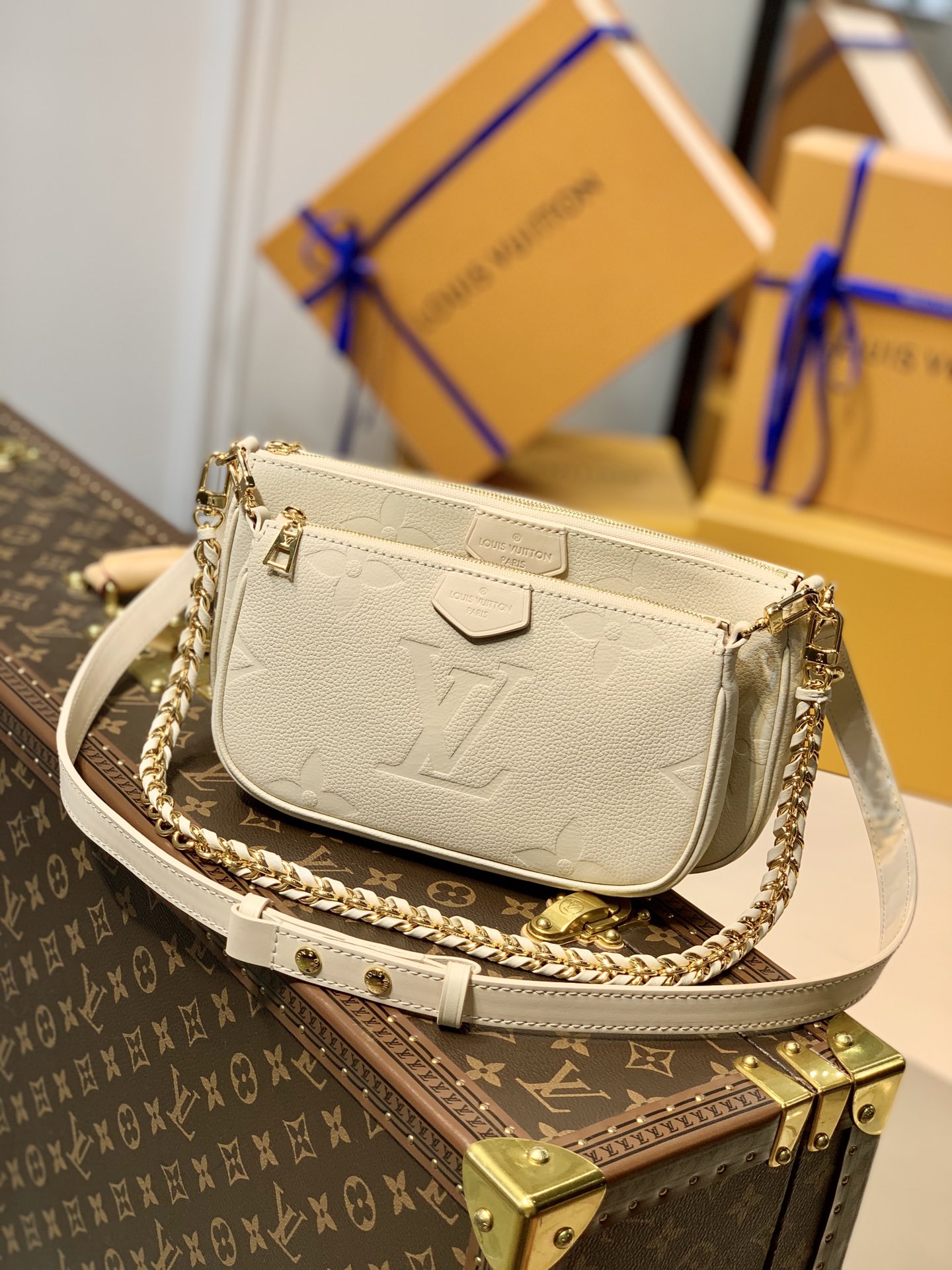 Louis Vuitton Bags Handbags Gold White Monogram Canvas Pochette Chains M80447