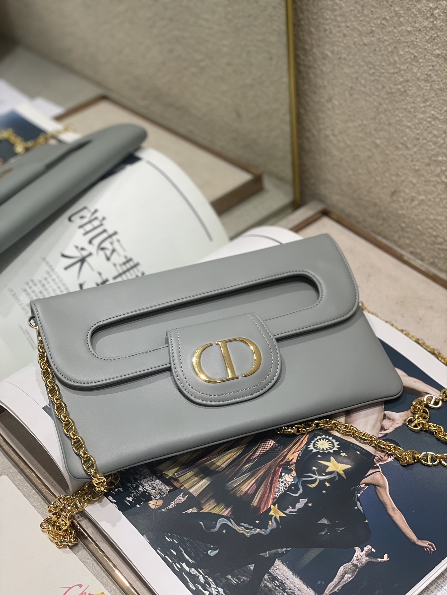 DiorDouble Bag Smooth Calfskin Long Rectangle Magnetic Flap Chain Link Shoulder Strap