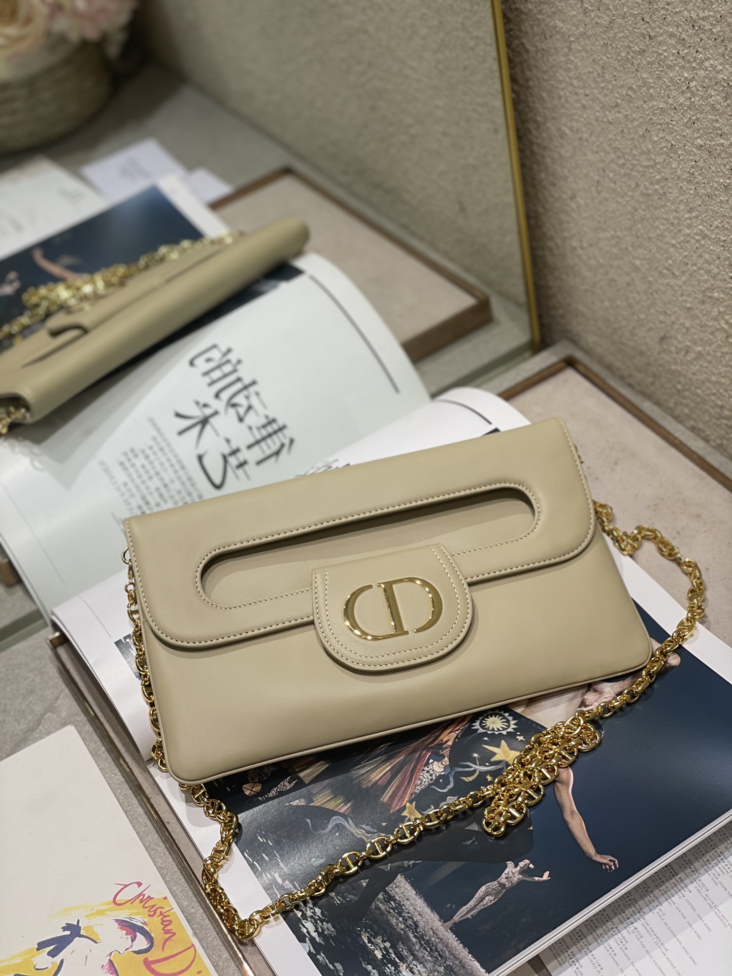 DiorDouble Bag Glossy Smooth Calfskin Magnetic Flap Chain Link Shoulder Strap
