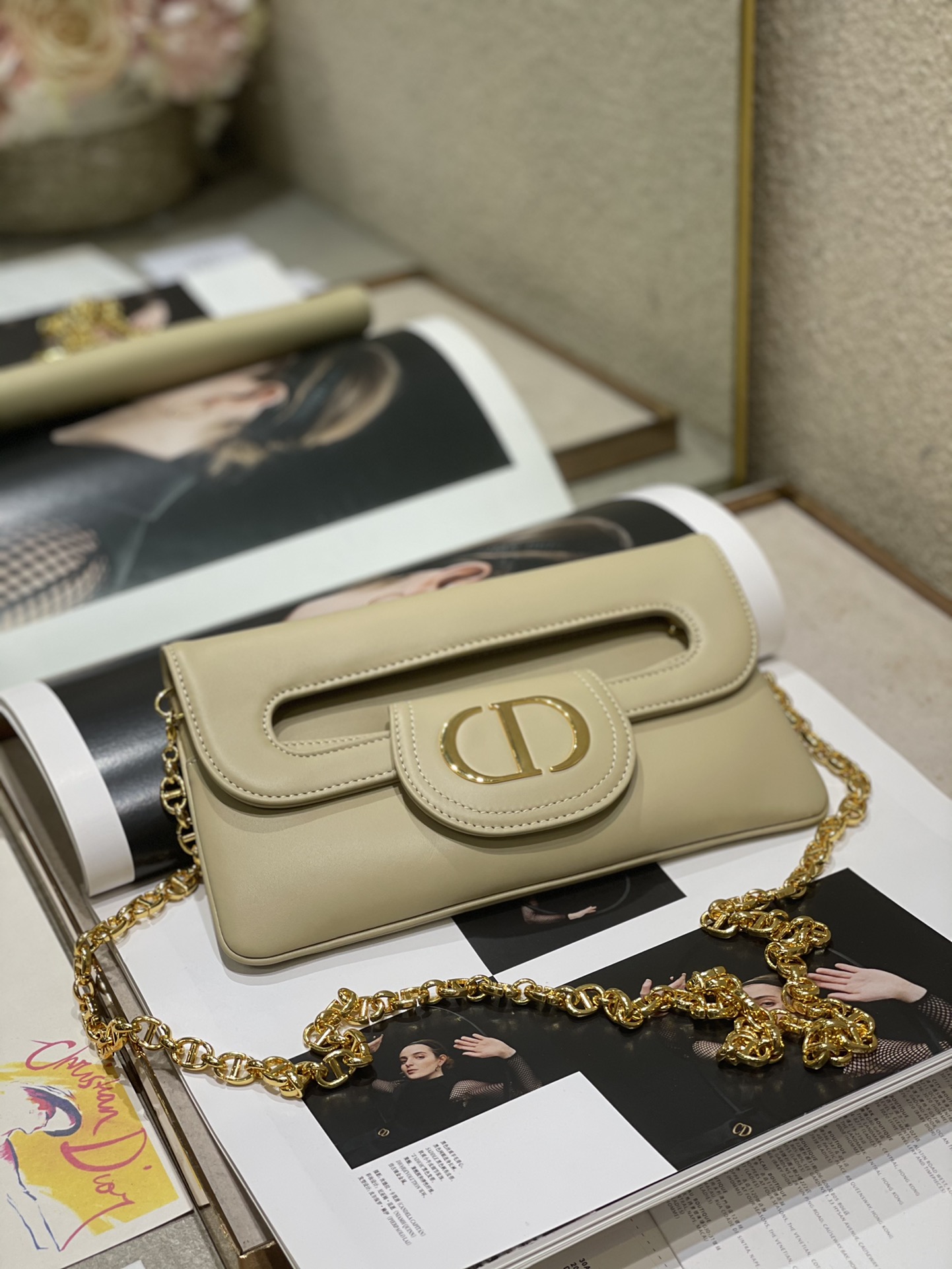 DiorDouble Bag Glossy Smooth Calfskin Magnetic Flap Chain Link Shoulder Strap