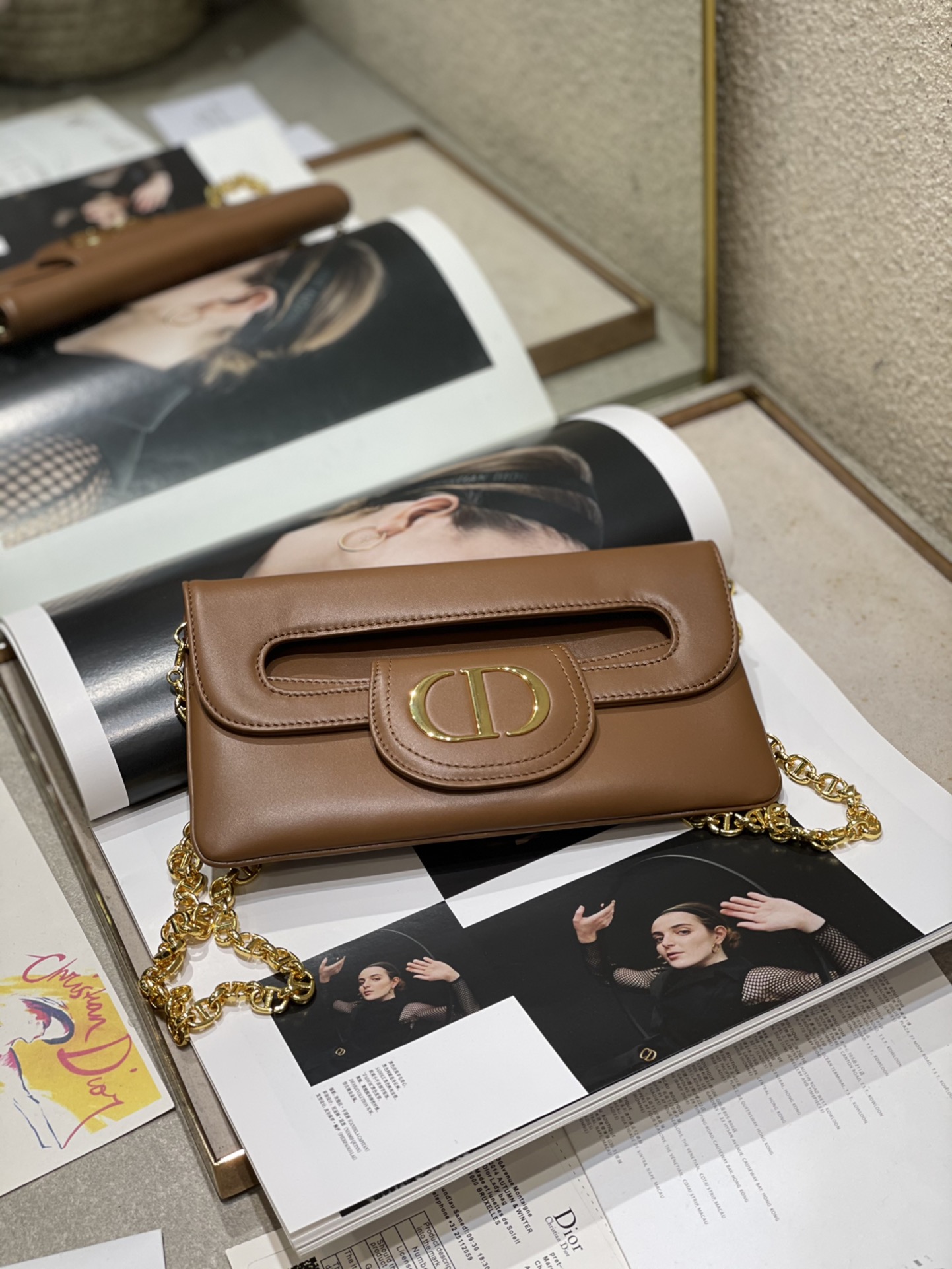 DiorDouble Bag Glossy Smooth Calfskin Magnetic Flap Chain-Link Shoulder Strap