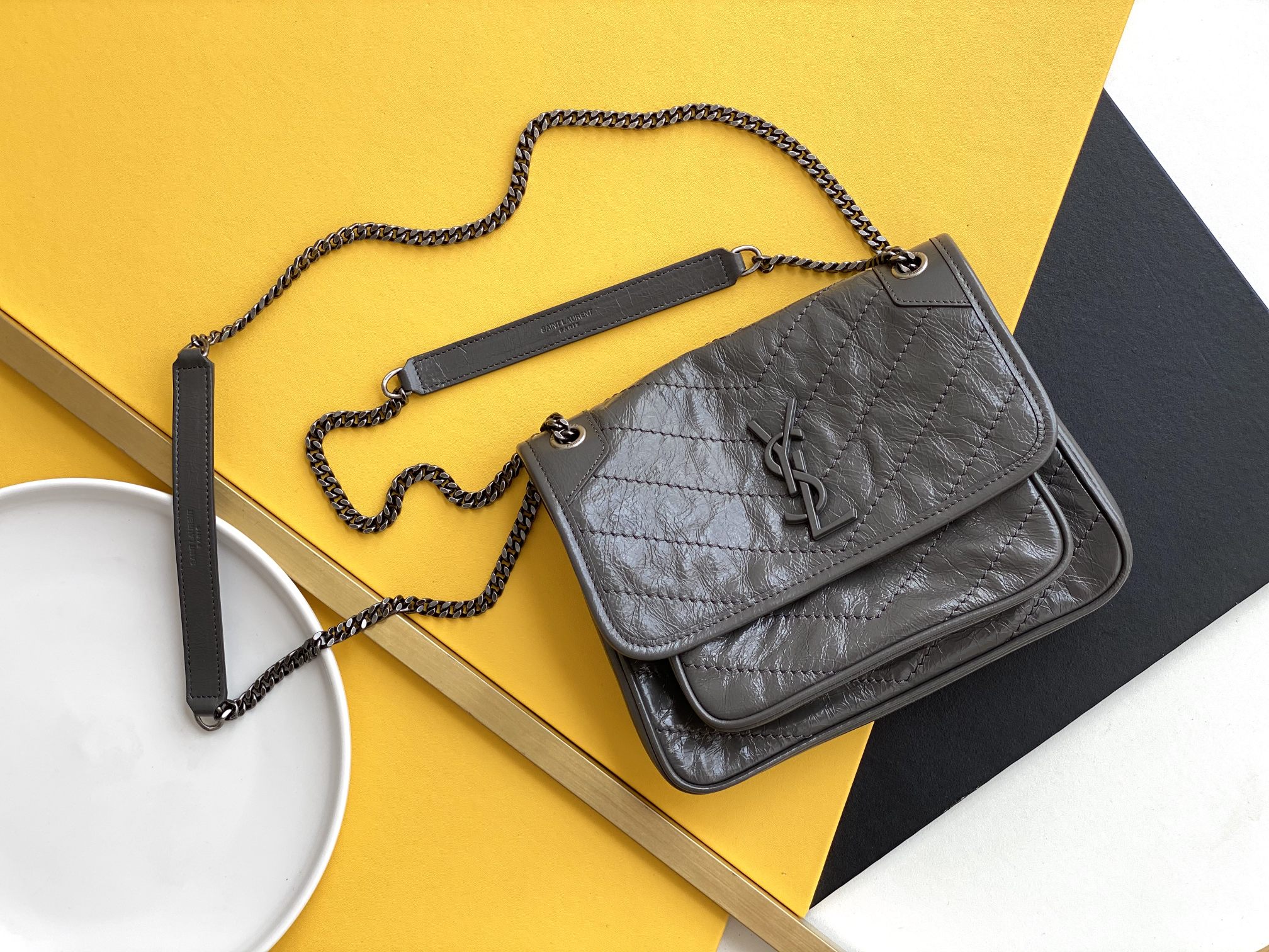 Dark Grey Silver Chain Small Shoulder Bag D-ring