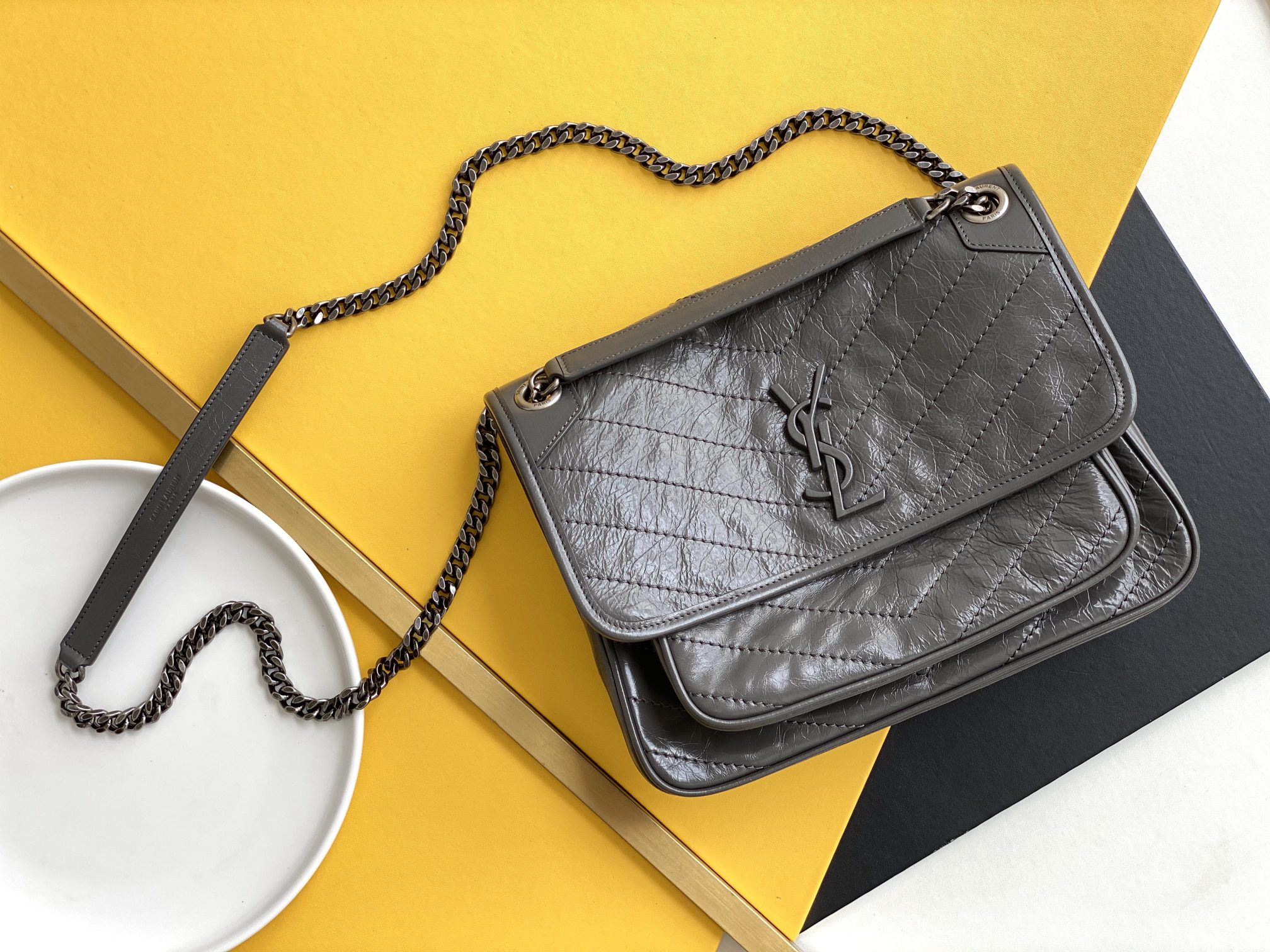 Dark Gray Silver Chain Medium Shoulder Bag D-ring