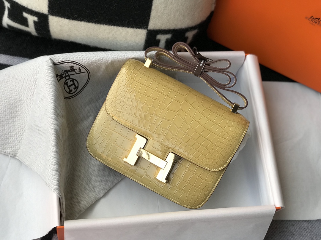 Hermès Constance 18 Alligator Leather Shoulder Bag - Milk Apricot, Gold Hardware 2 i1619352055 7178 1