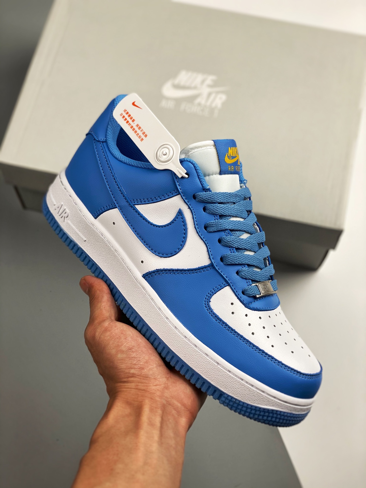 Nike Air Force 1‘07 North Carolina Blue, original last and paper pattern, authentic Air Force silhouette, focused on ex…