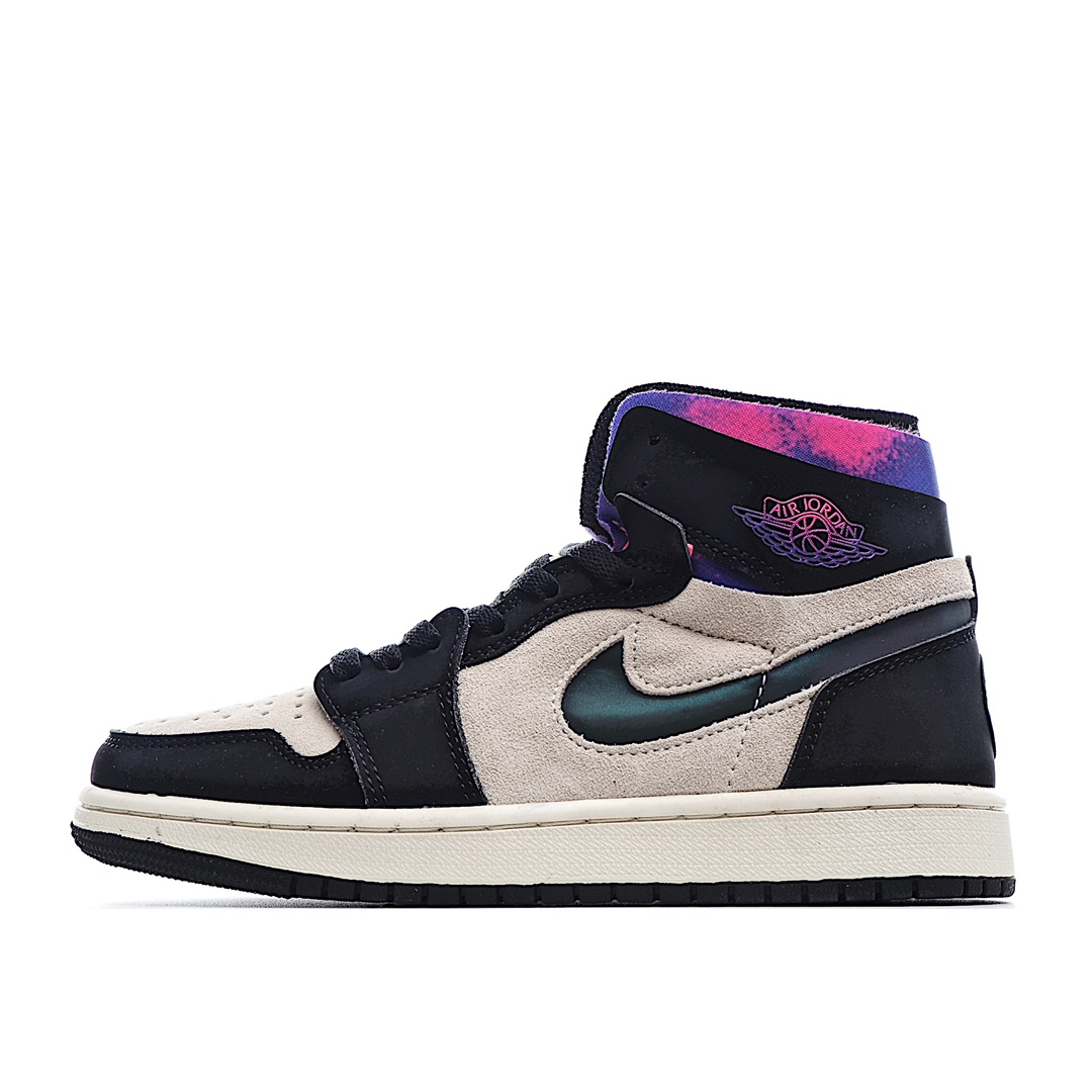 I0 Air Jordan 1 Zoom CMFT“PSG”AJ1 乔1大巴黎 DB3610-105鞋身整体以乳白色及黑色拼接而成，层次分明，鞋面采用麂皮材质彰显高级鞋帮处的粉色及紫色渐变扎染呈现出一种颇为绚丽的视觉效果。配以鞋帮处的扎染飞翼 Logo 及后跟处的镭射 Logo，吸睛效果满满鞋身 Swoosh 还带有 3M 反光效果