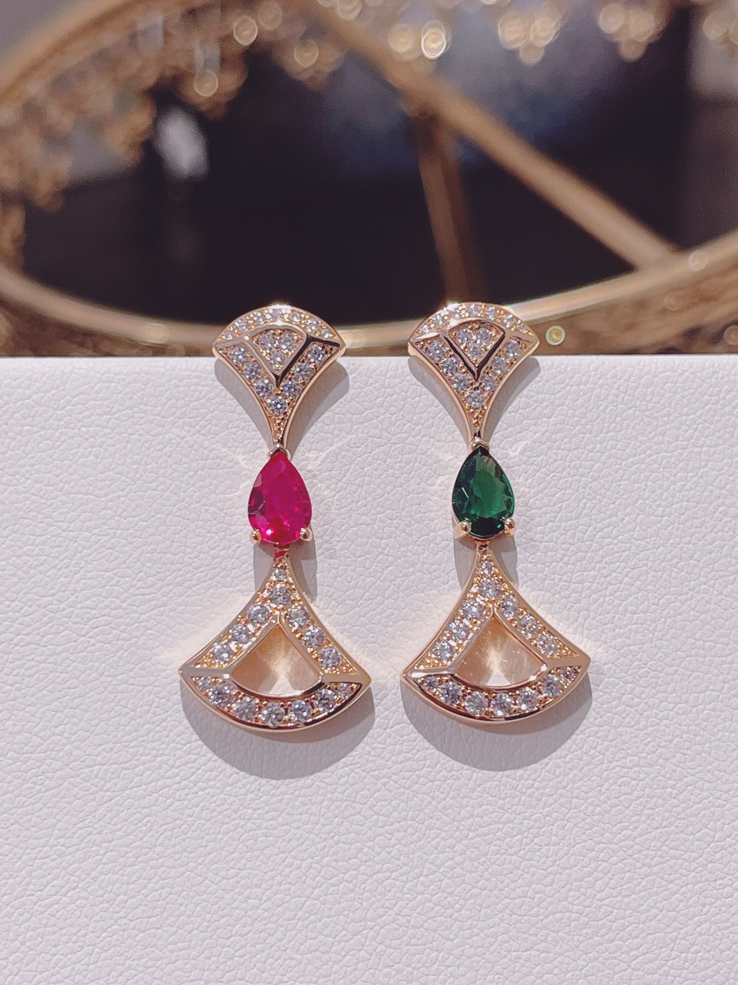 Bvlgari Earrings Double Fan Faux Gemstones Rose Gold