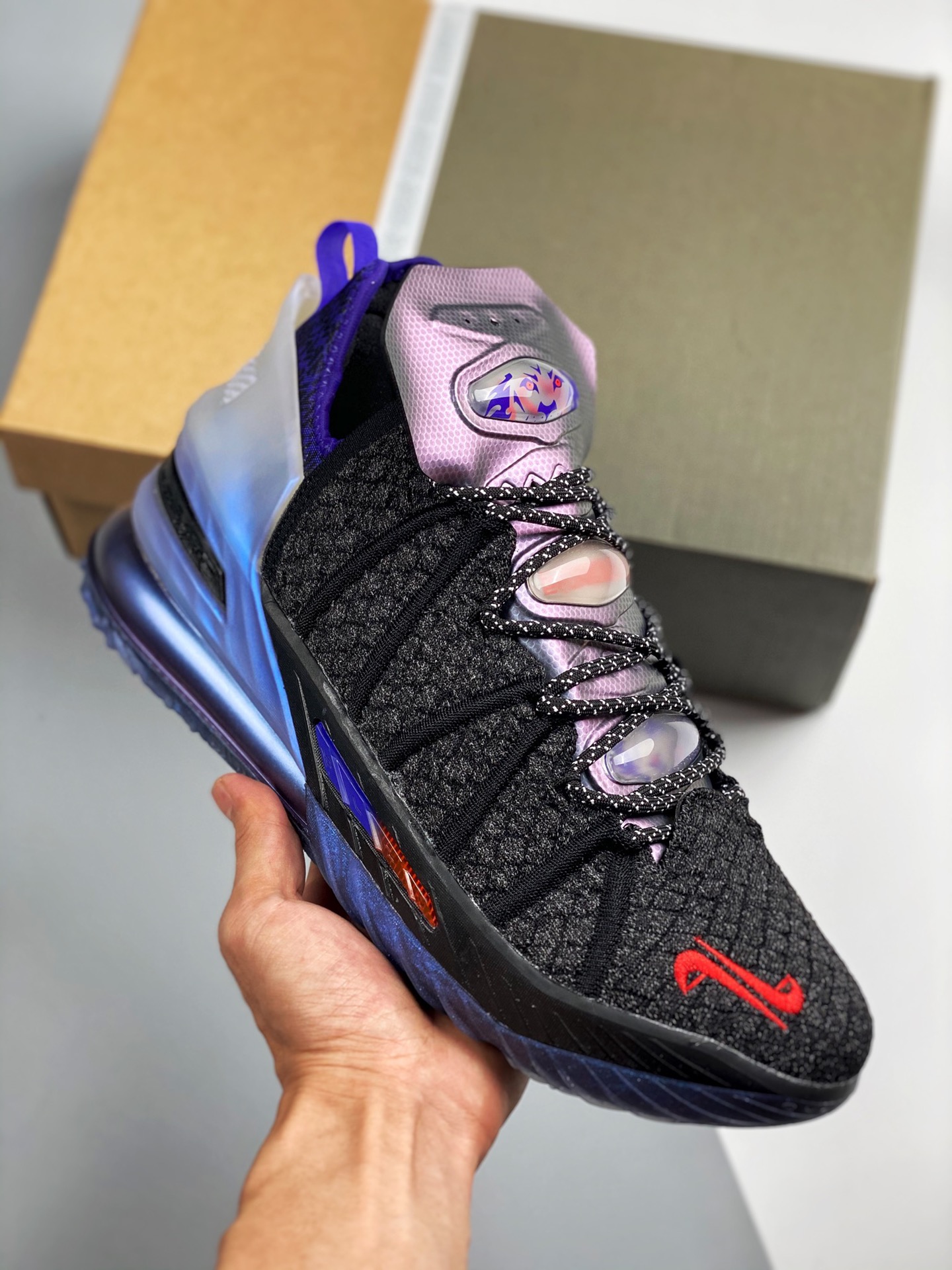 NK LeBron 18, tejido negro-azul-púrpura, puro original de fábrica grande, botas de campeonato de James, amort…