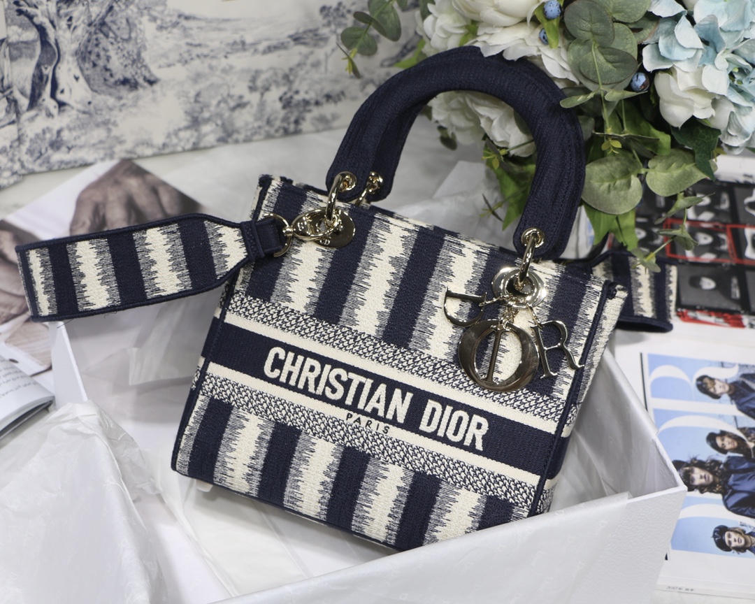 DIOR Lady D Embroidered Striped Fabric Handbag
