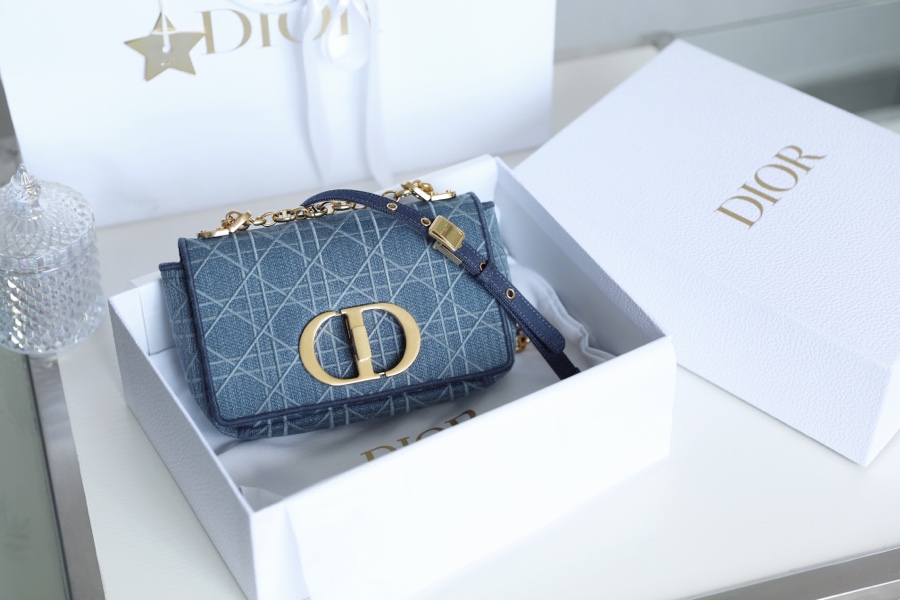 Dior Caro Bags Handbags Blue Gold Tannin Embroidery Vintage Chains