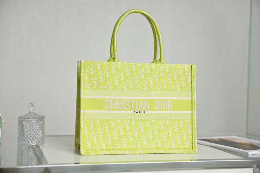 Dior Book Tote Handbags Tote Bags Fluorescent Green Embroidery Canvas Oblique