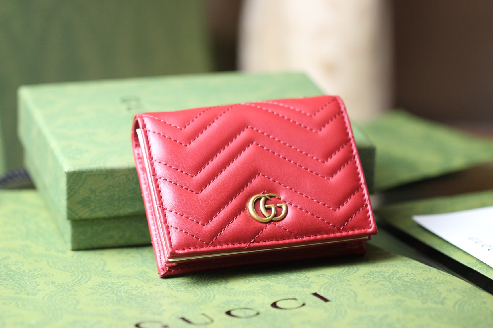 Gucci Marmont Portefeuille Kleine portemonnee Rood Kalfsleer Koeienhuid Vintage