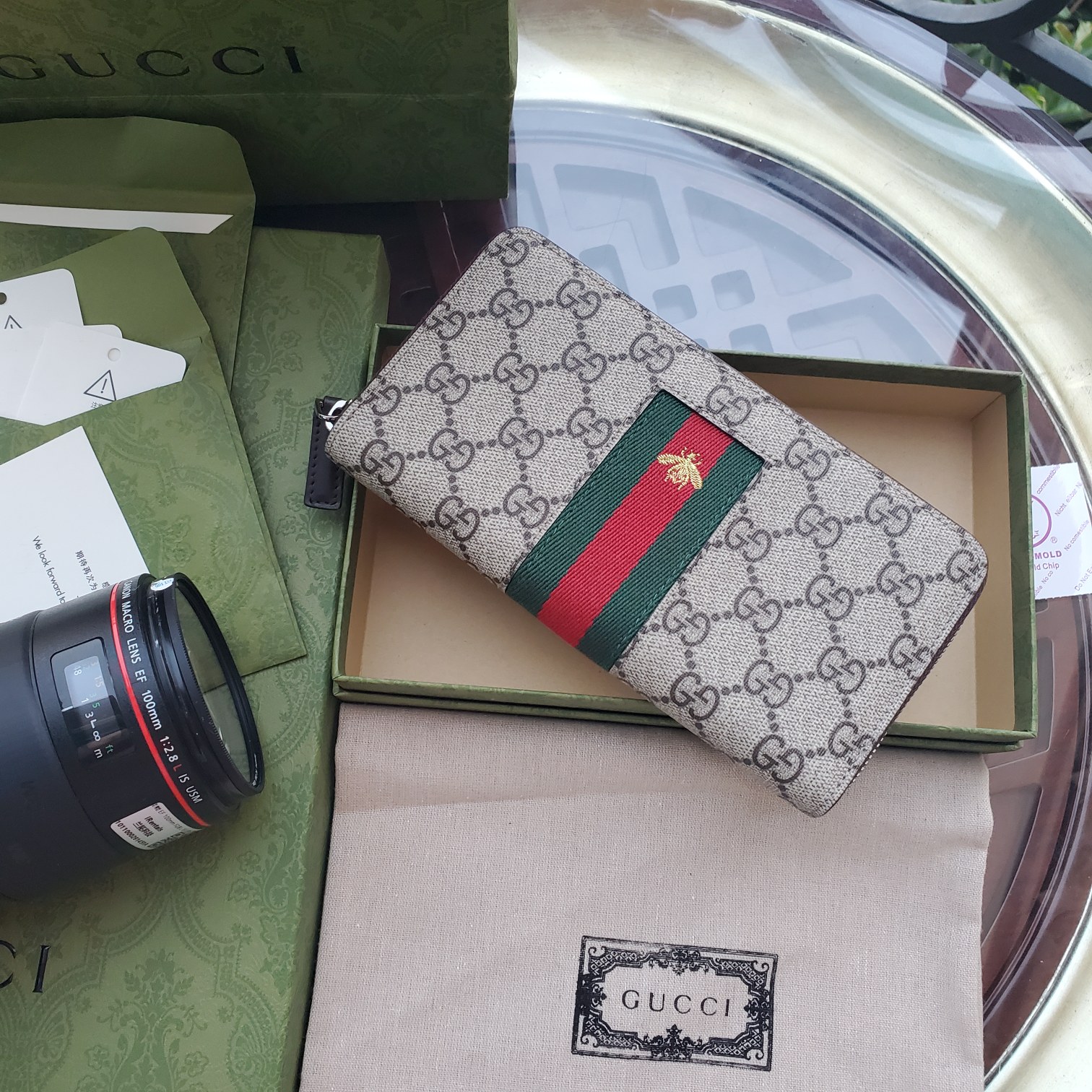 Portefeuille zippé Guccissima double G bande arc-en-ciel sangle