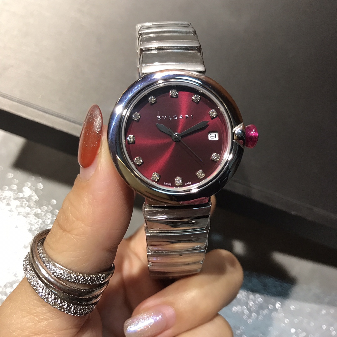 Bvlgari Lvcea Steel case, green dial, silver bracelet, pink cabochon crown 33mm Women's Automatic