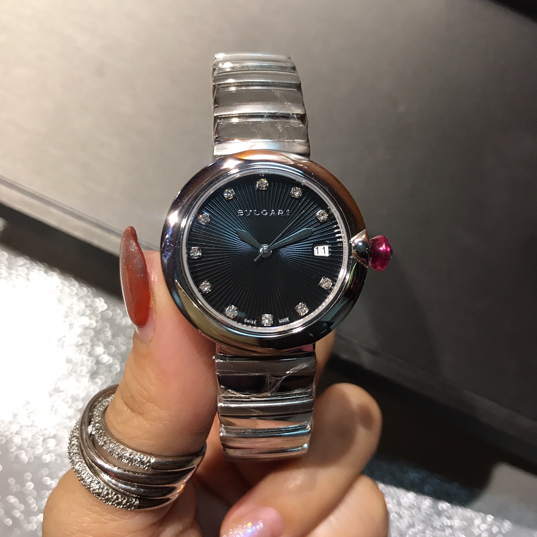 Bvlgari Lvcea Steel case, green dial, silver bracelet, pink cabochon crown 33mm Women's Automatic