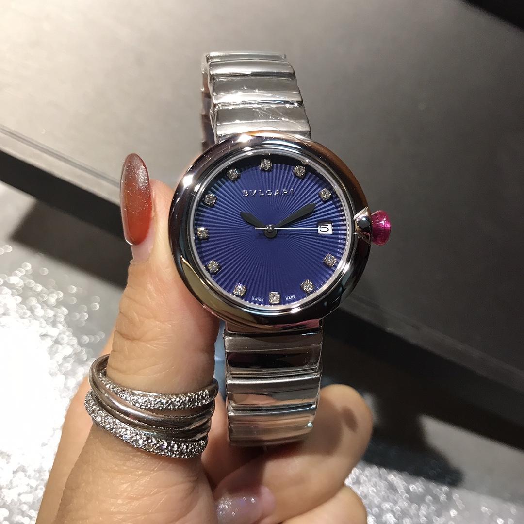 Bvlgari Lvcea Steel case, green dial, silver bracelet, pink cabochon crown 33mm Women's Automatic