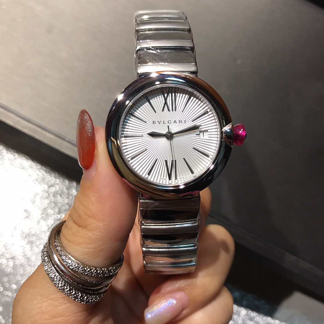 Bvlgari Lvcea Steel case, green dial, silver bracelet, pink cabochon crown 33mm Women's Automatic