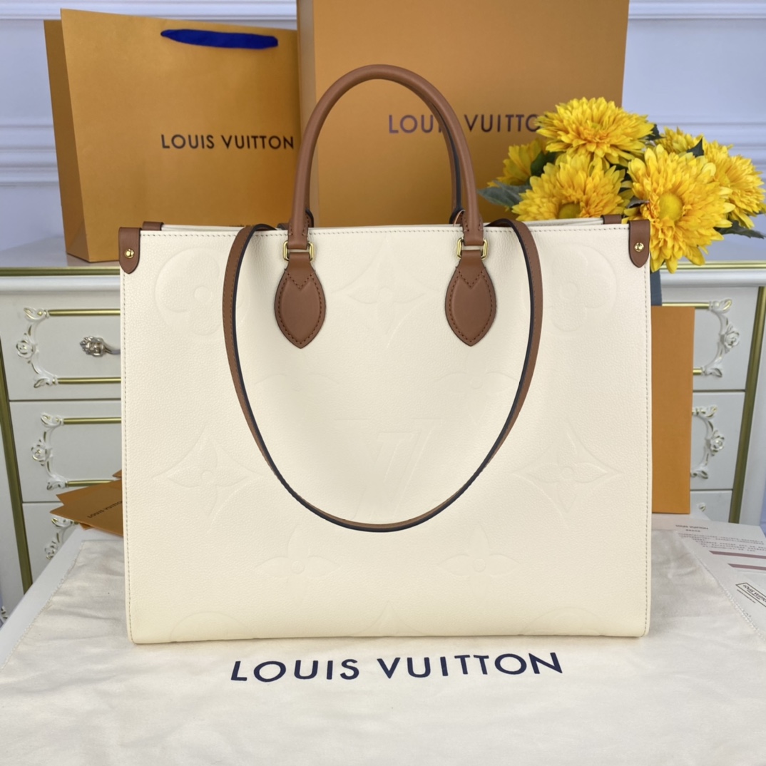 Louis Vuitton LV Onthego Sacos Bolsas Castanho Elephant Grey Cinzento Branco Impressão Todo o Aço Couro de vaca Mini M44925