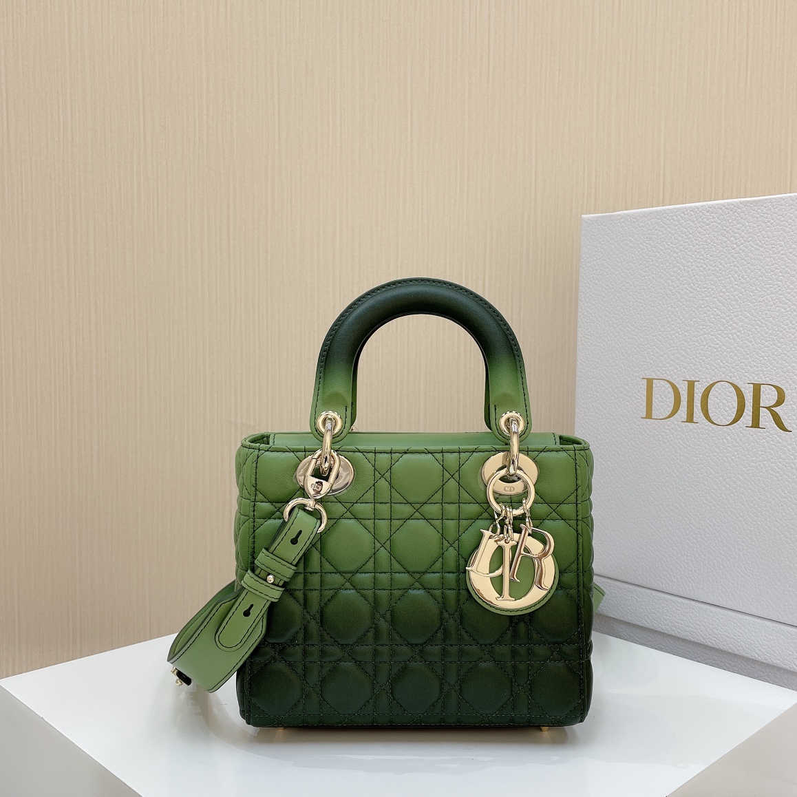 Dior Lady Four-Grid Gradient Green Lambskin Handbag