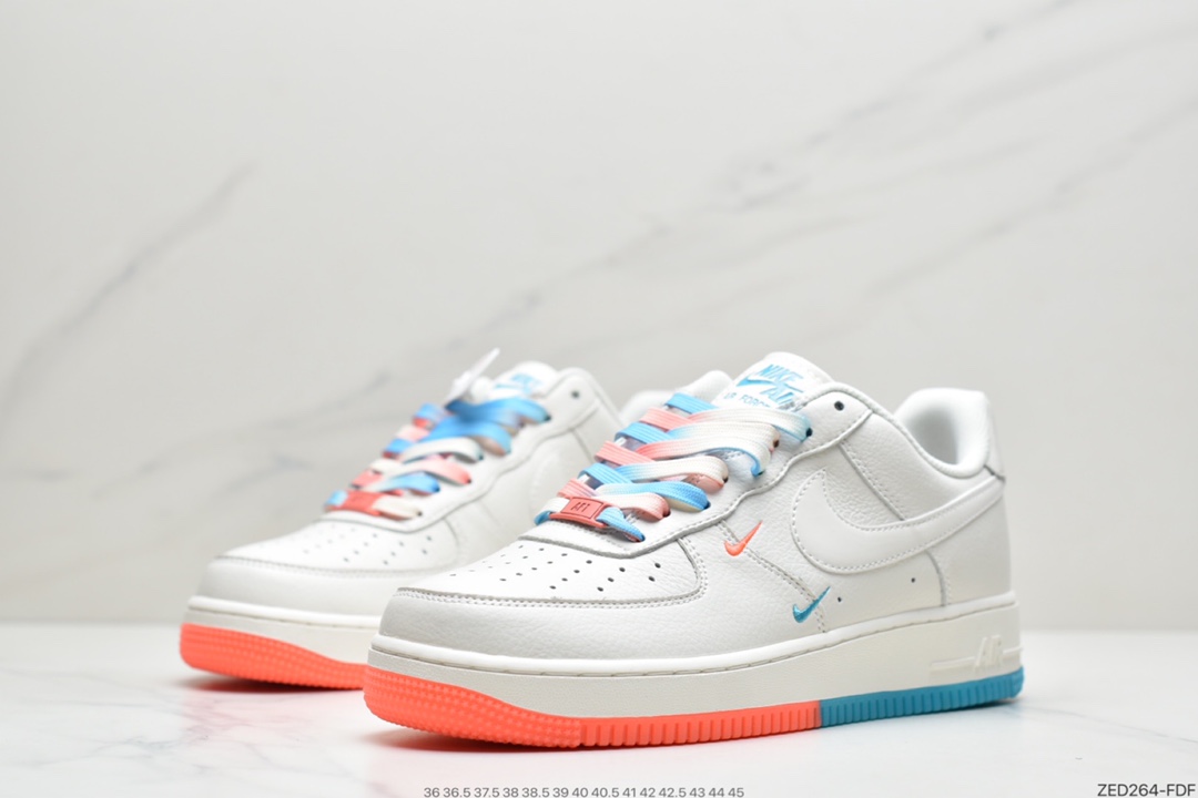 260 耐克Nike Air Force 1’07 QS”Summit White/Blue/Red Swooshes”空军一号经典低帮百搭休闲运动板鞋“皮革米白蓝红迷你双钩子”CT1989-101