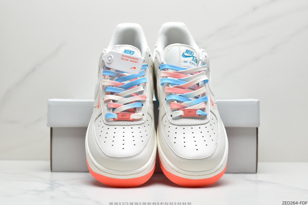 260 耐克Nike Air Force 1’07 QS”Summit White/Blue/Red Swooshes”空军一号经典低帮百搭休闲运动板鞋“皮革米白蓝红迷你双钩子”CT1989-101